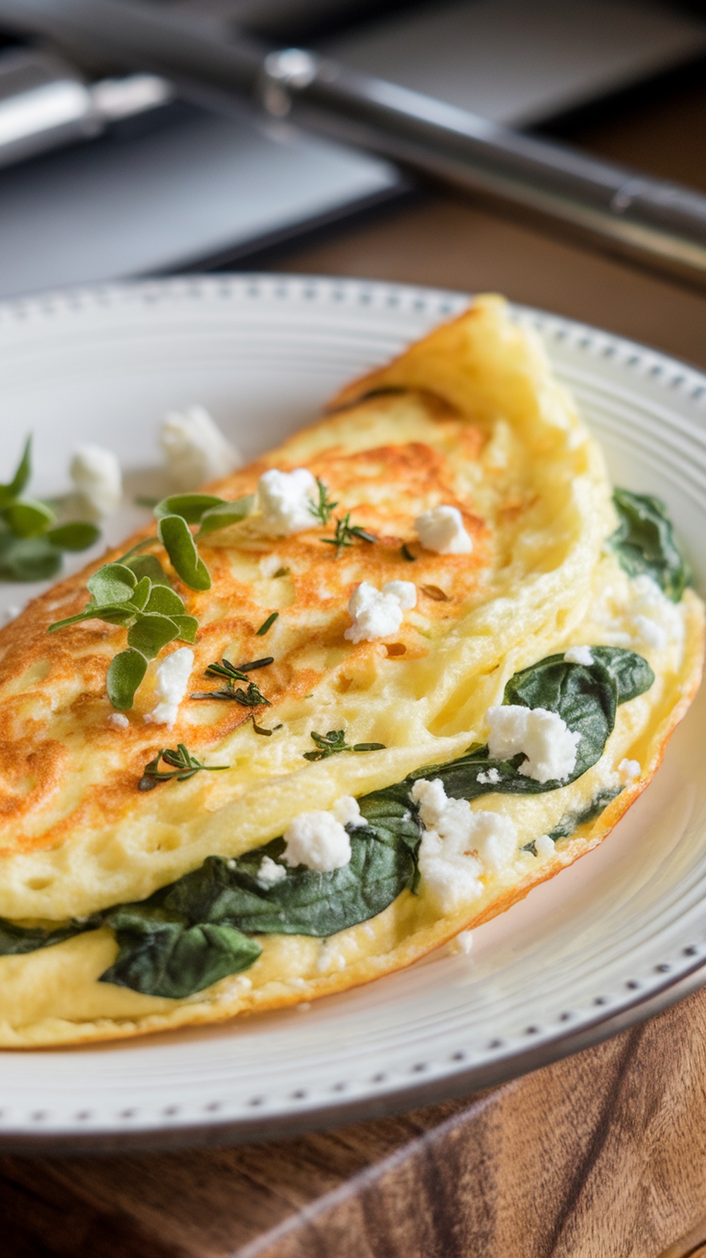 A delicious spinach and feta egg white omelette served on a plate.