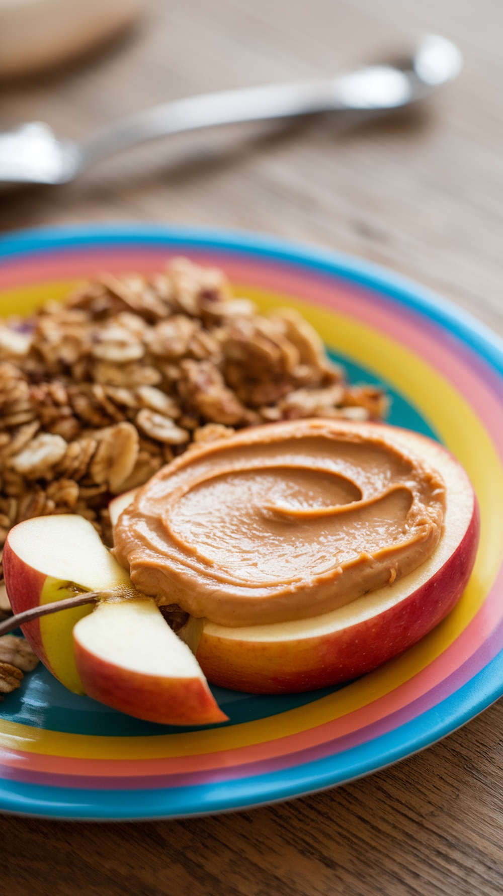 A colorful plate with apple slices topped with peanut butter and a side of granola.
