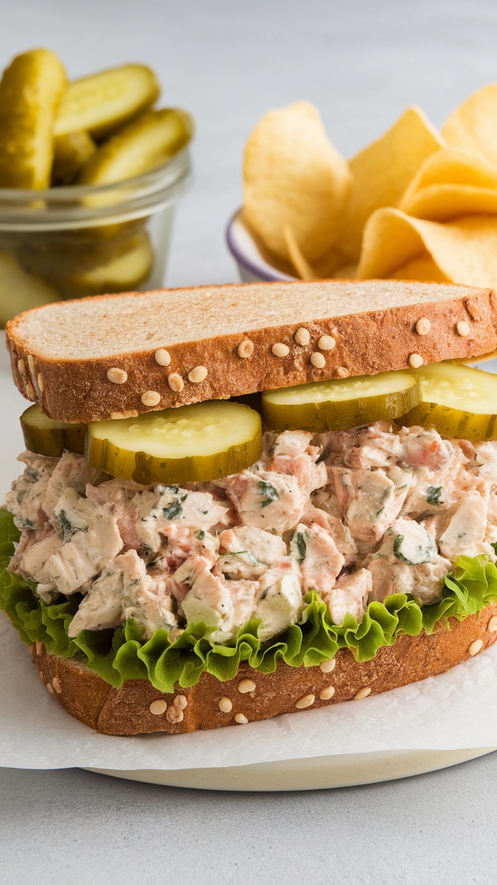 A Dill Pickle Chicken Salad Sandwich with lettuce and pickles on sesame seed bread, served with chips.