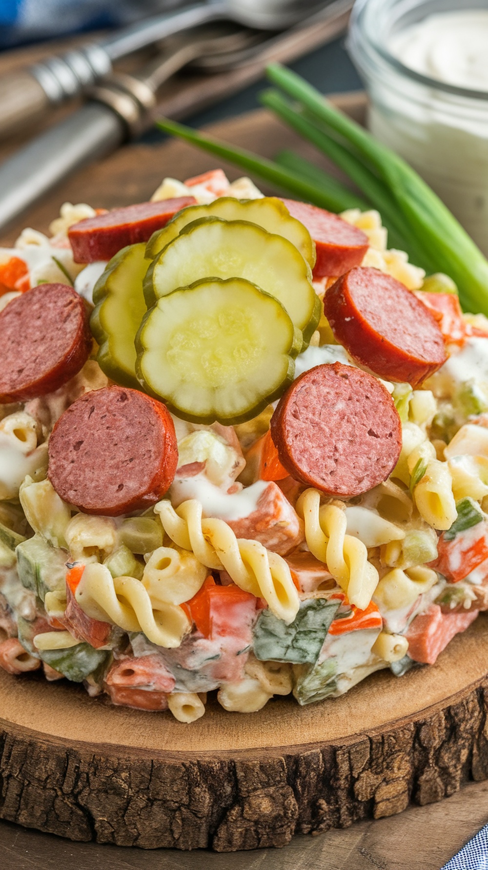 A colorful bowl of Smoky Dill Pickle and Sausage Pasta Salad topped with pickle slices and sausage on a wooden serving platter.