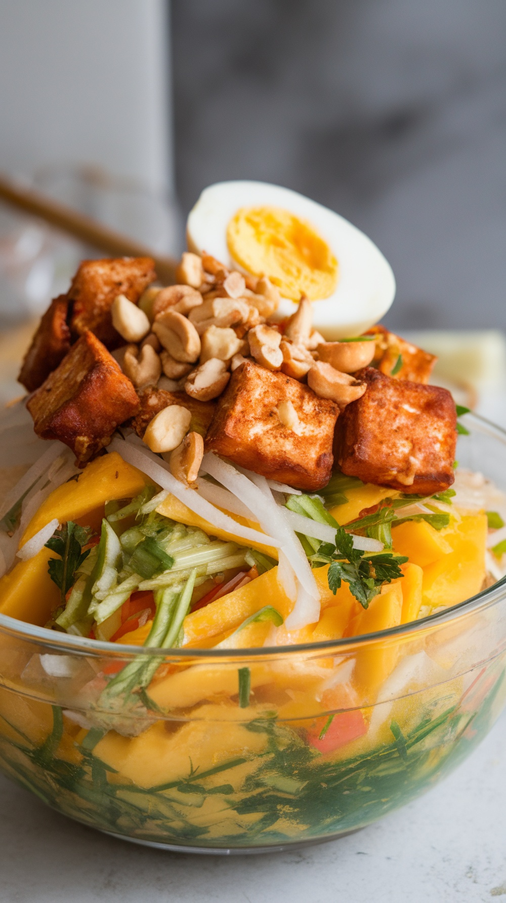 A bowl of Vietnamese Mango Salad Pickle with mango slices, vegetables, crispy tofu, and peanuts on top.