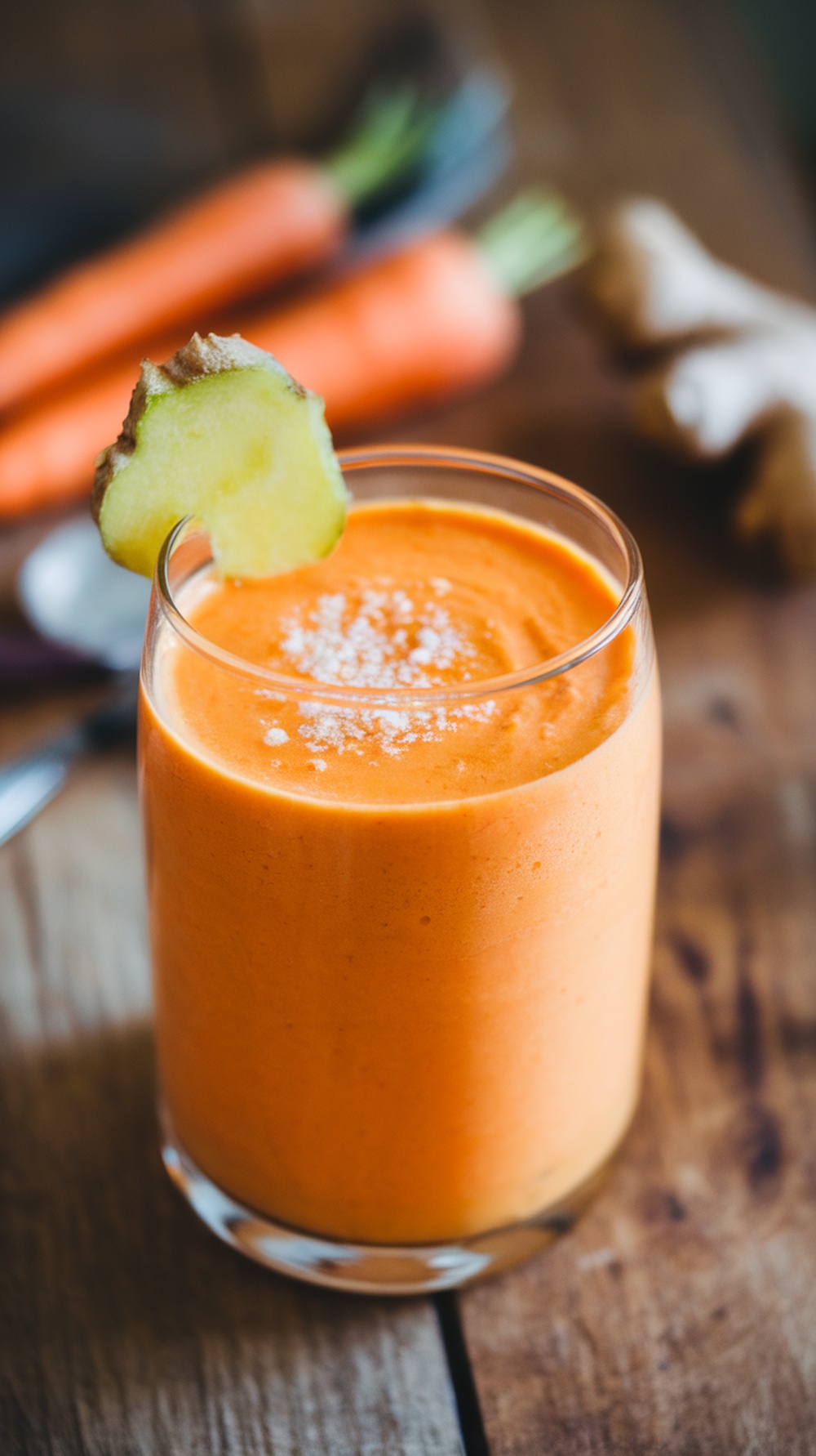 A vibrant orange smoothie in a glass, garnished with a slice of ginger, with fresh carrots in the background.