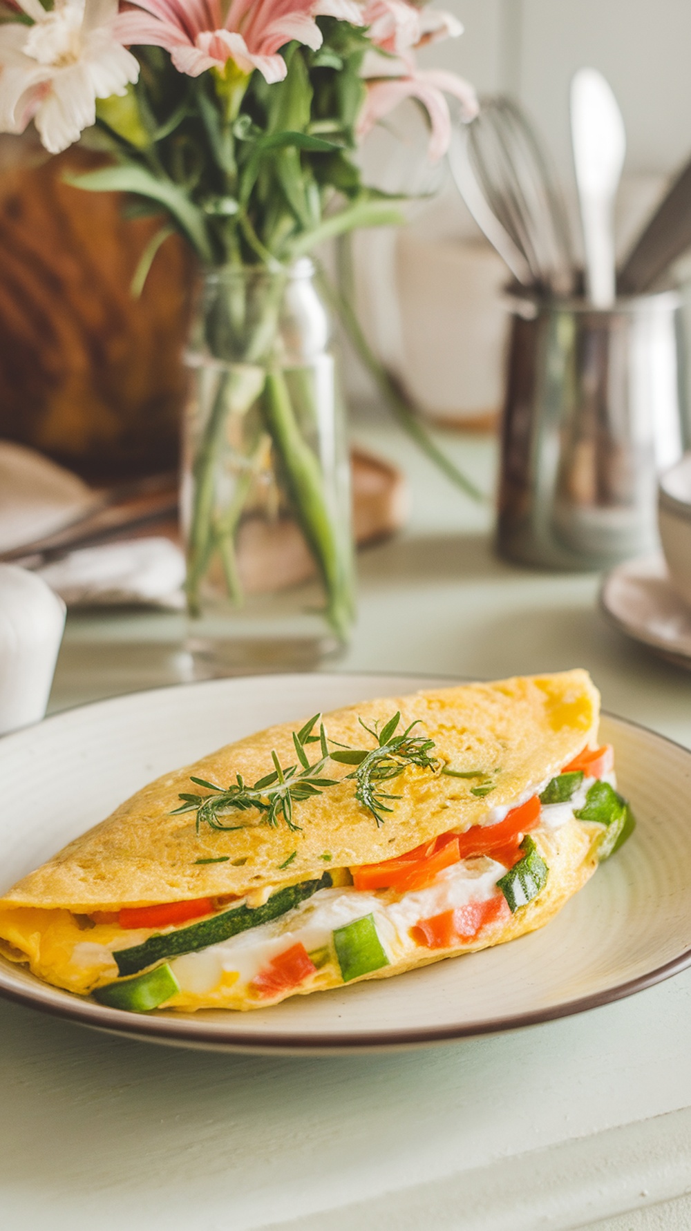 A herbed egg white omelette with vegetables on a plate, garnished with fresh herbs.