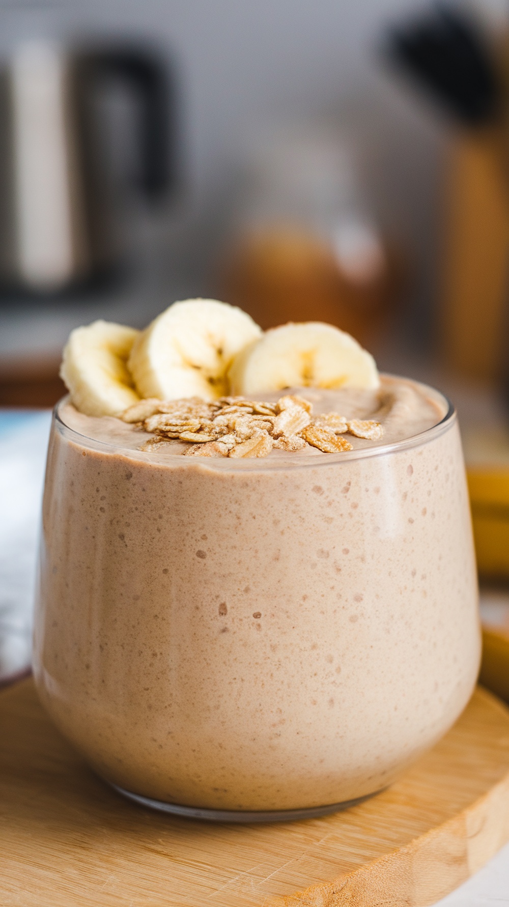 Nutty Banana Oatmeal Smoothie topped with banana slices and oats