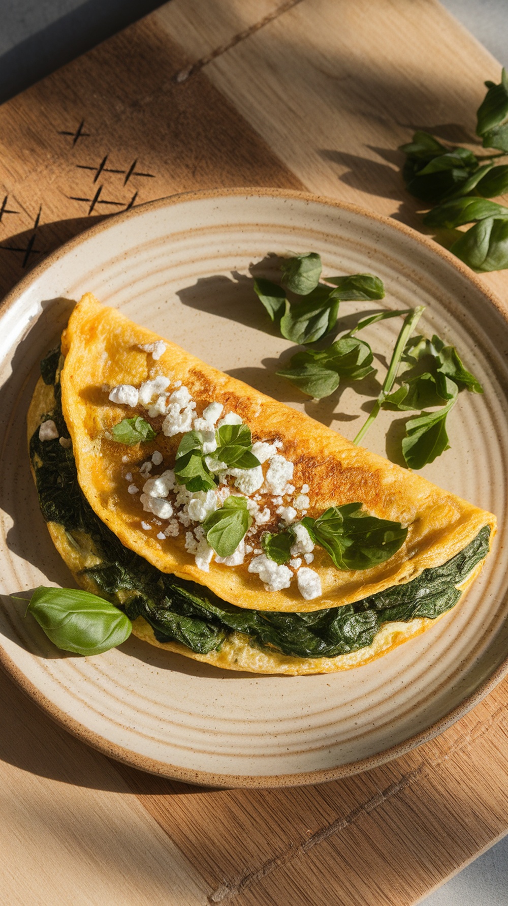 A delicious spinach and feta omelette garnished with fresh herbs on a plate.