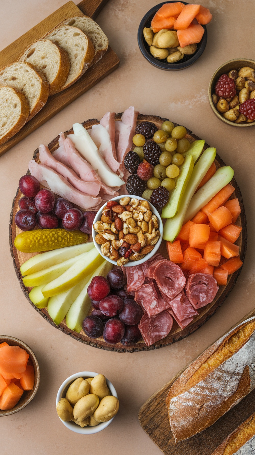 A charcuterie board featuring sweet and sour pickles, meats, cheeses, fruits, and nuts.