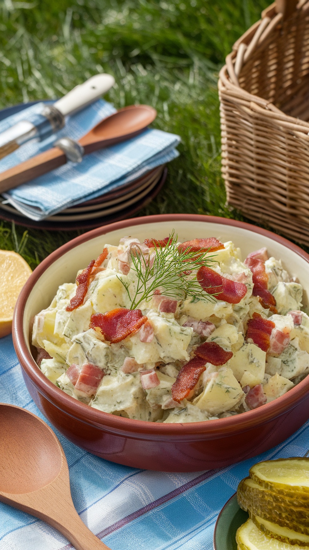 A bowl of spicy dill pickle and bacon potato salad on a picnic table with utensils and a basket.