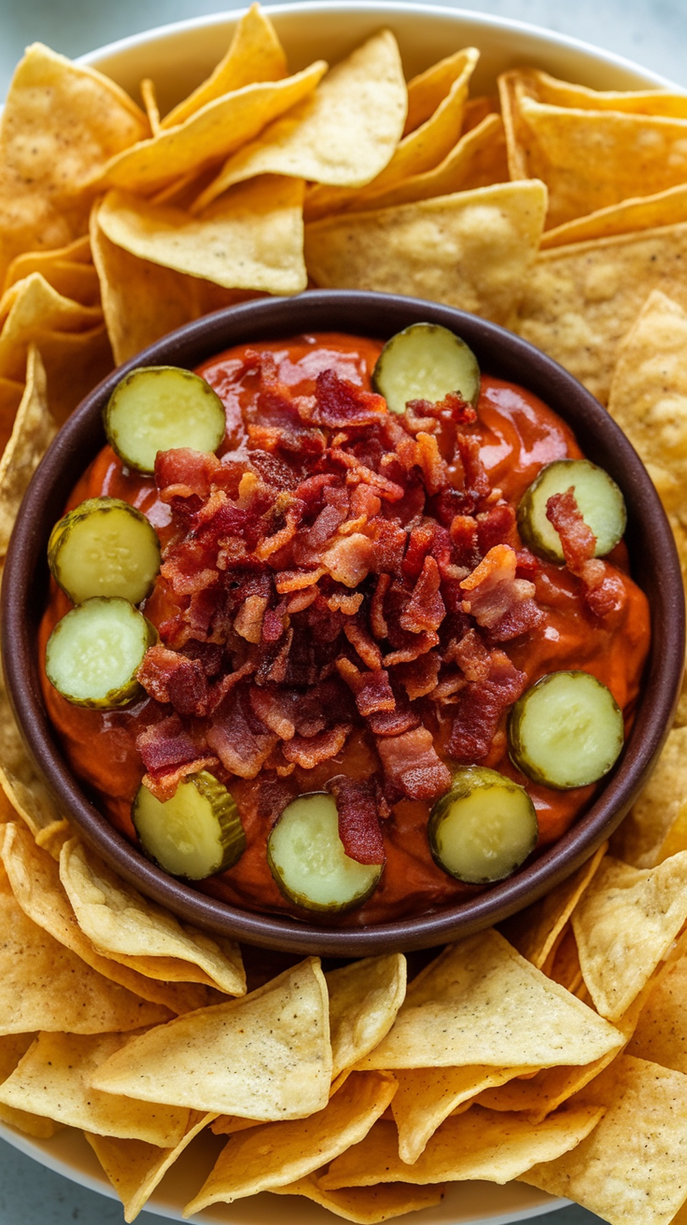 A bowl of Smoky BBQ Pickle Roll Up Dip topped with bacon and pickles, surrounded by tortilla chips.