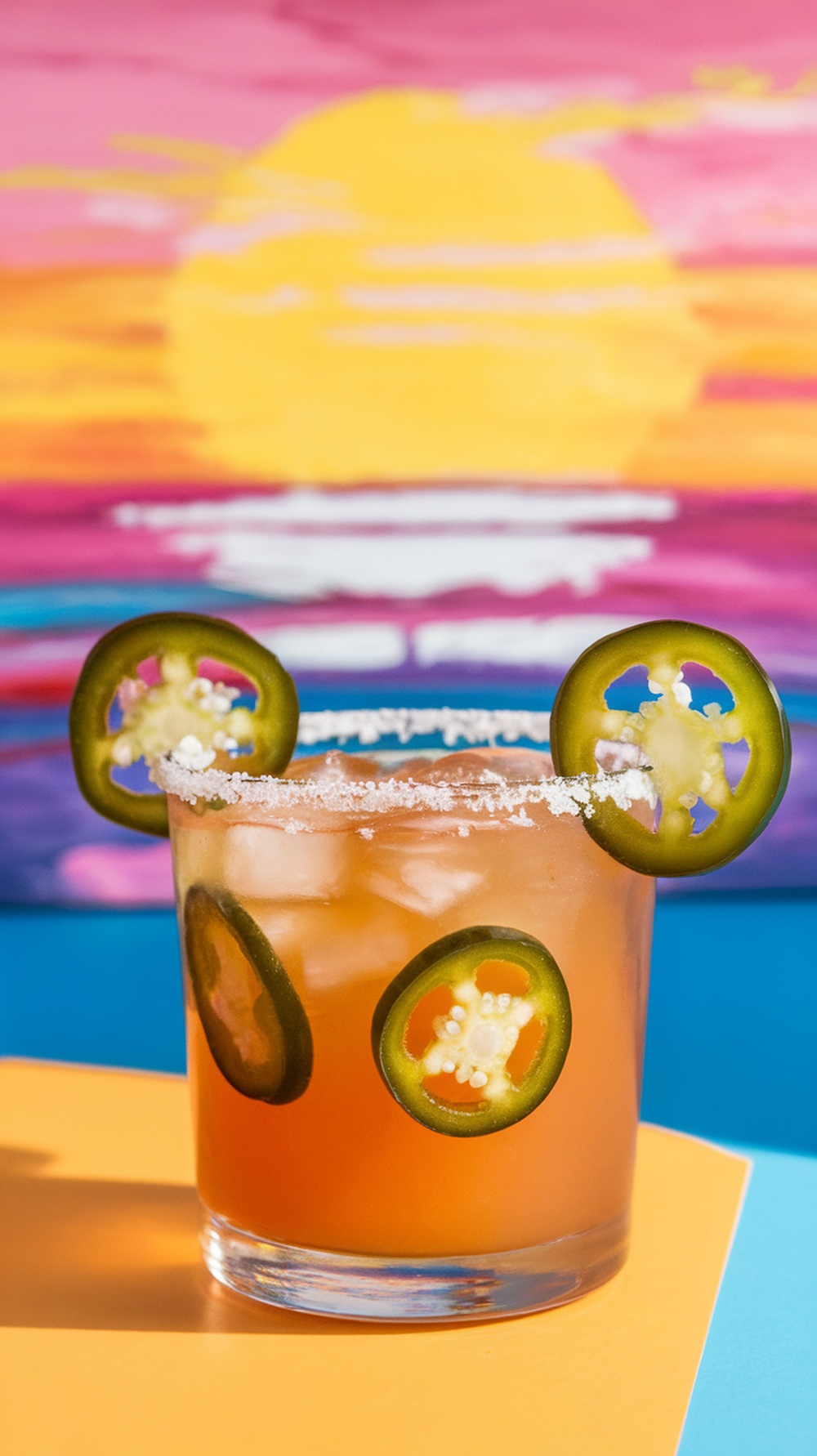 A Spicy Pickle Margarita garnished with jalapeño slices, set against a colorful sunset background.