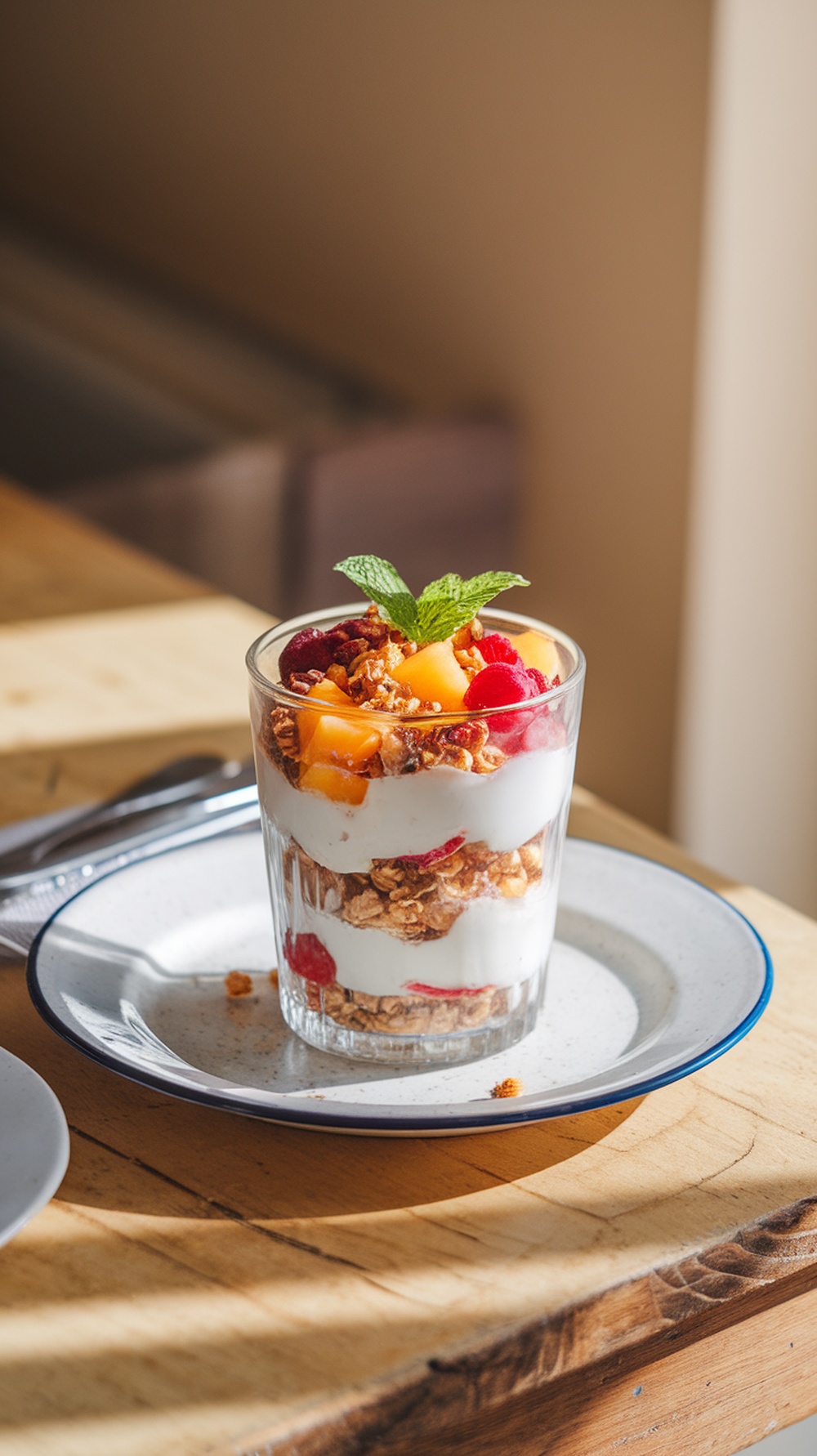 A colorful fruit and yogurt parfait in a glass, layered with yogurt, granola, and fresh fruits.