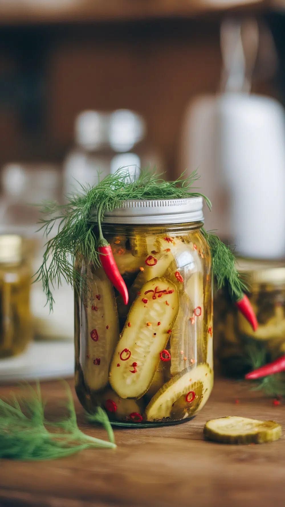 A jar of spicy dill pickle chips with red chili peppers and fresh dill