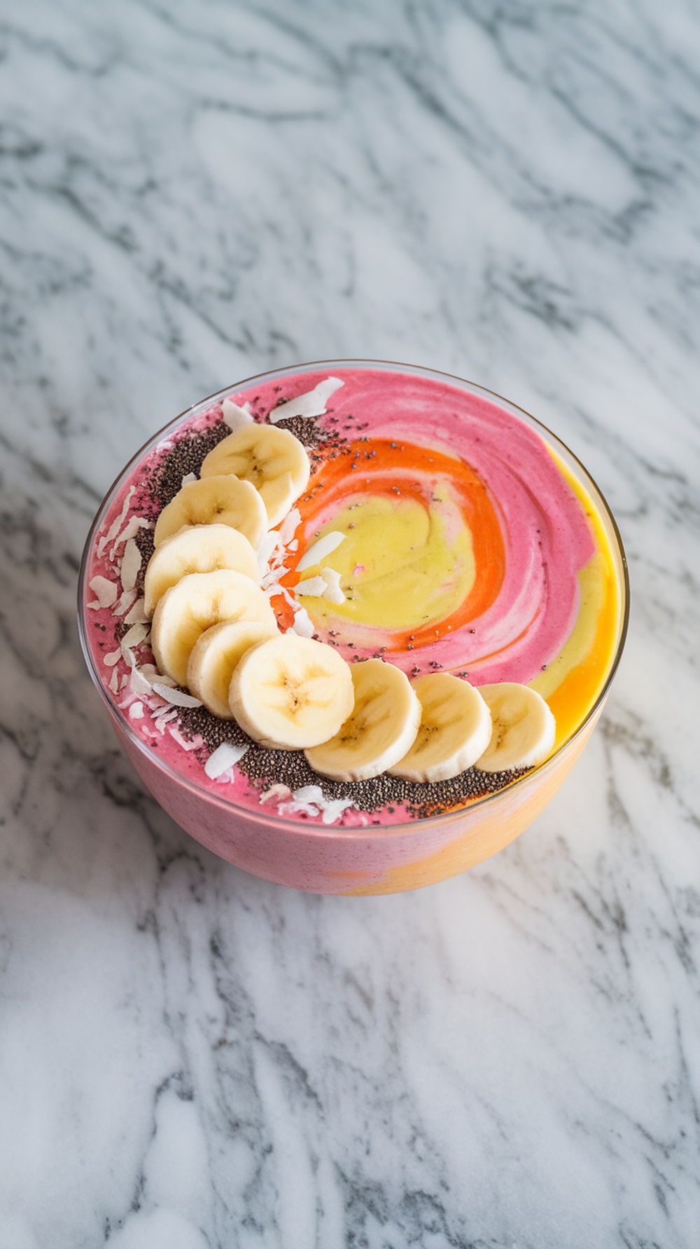 A colorful smoothie bowl topped with banana slices, chia seeds, and coconut flakes.
