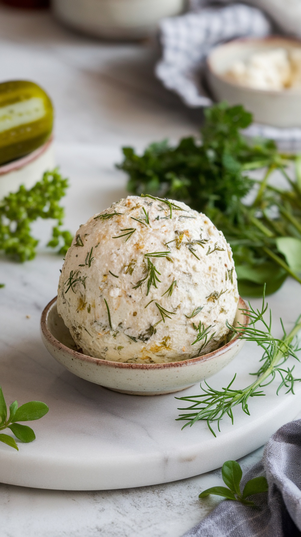 Herbed Dill Pickle Cheese Ball with Cream Cheese, garnished with fresh herbs
