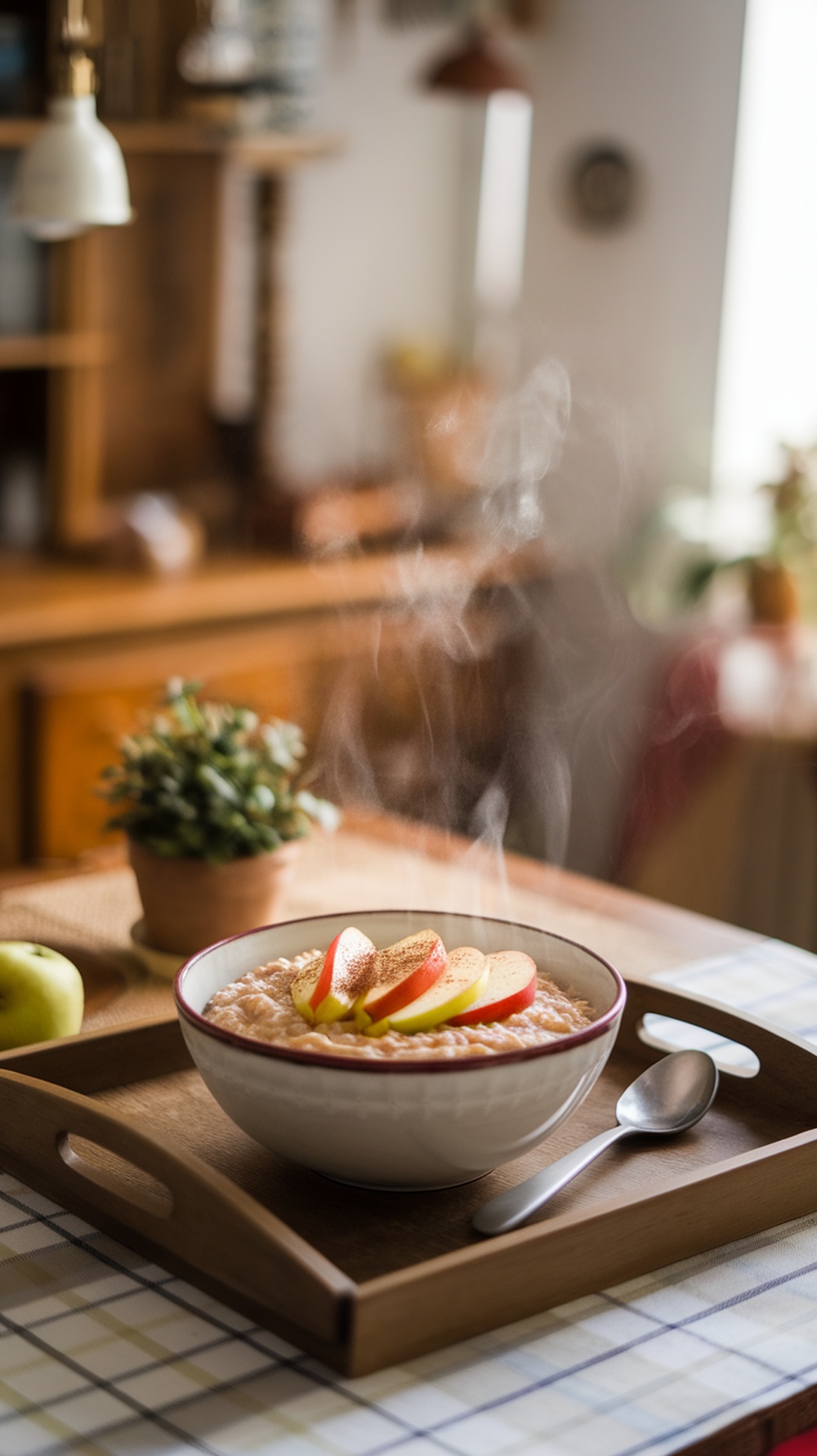 A bowl of oatmeal topped with apple slices and cinnamon, served on a wooden tray.
