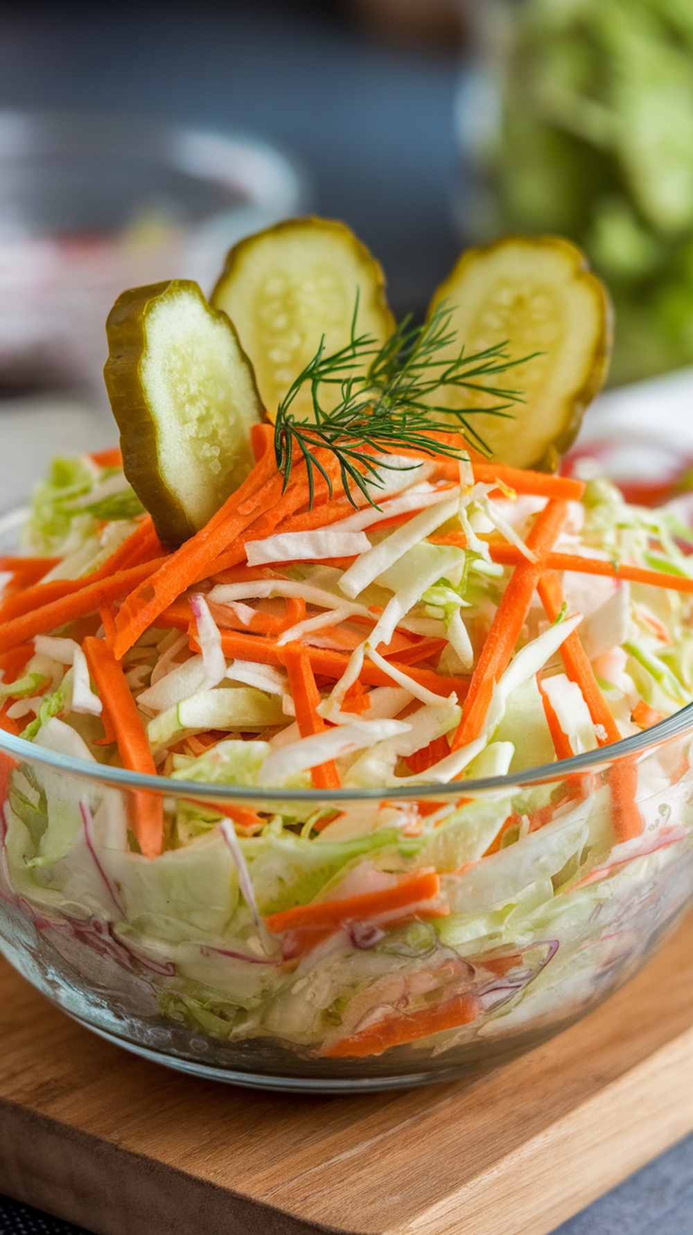 A bowl of crunchy dill pickle slaw with shredded carrots, cabbage, and dill pickle slices on top.