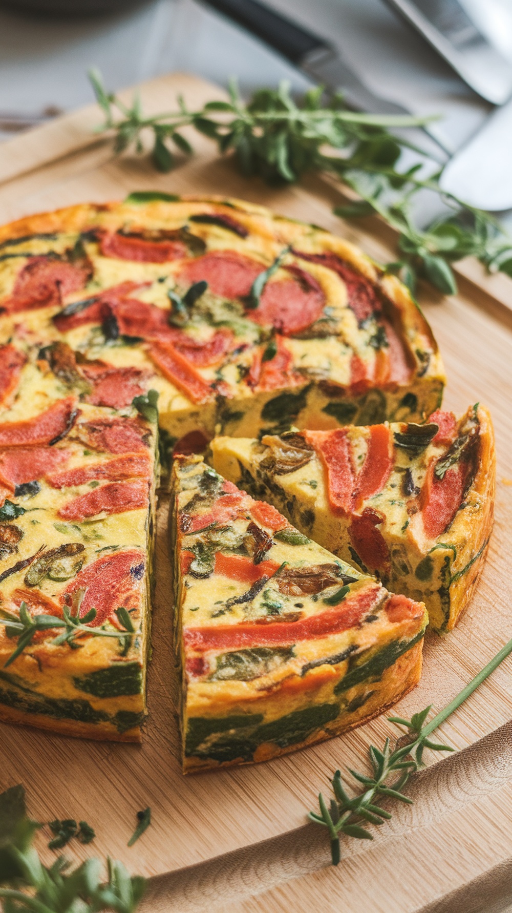 A sliced vegetable frittata with colorful vegetables on a wooden cutting board.
