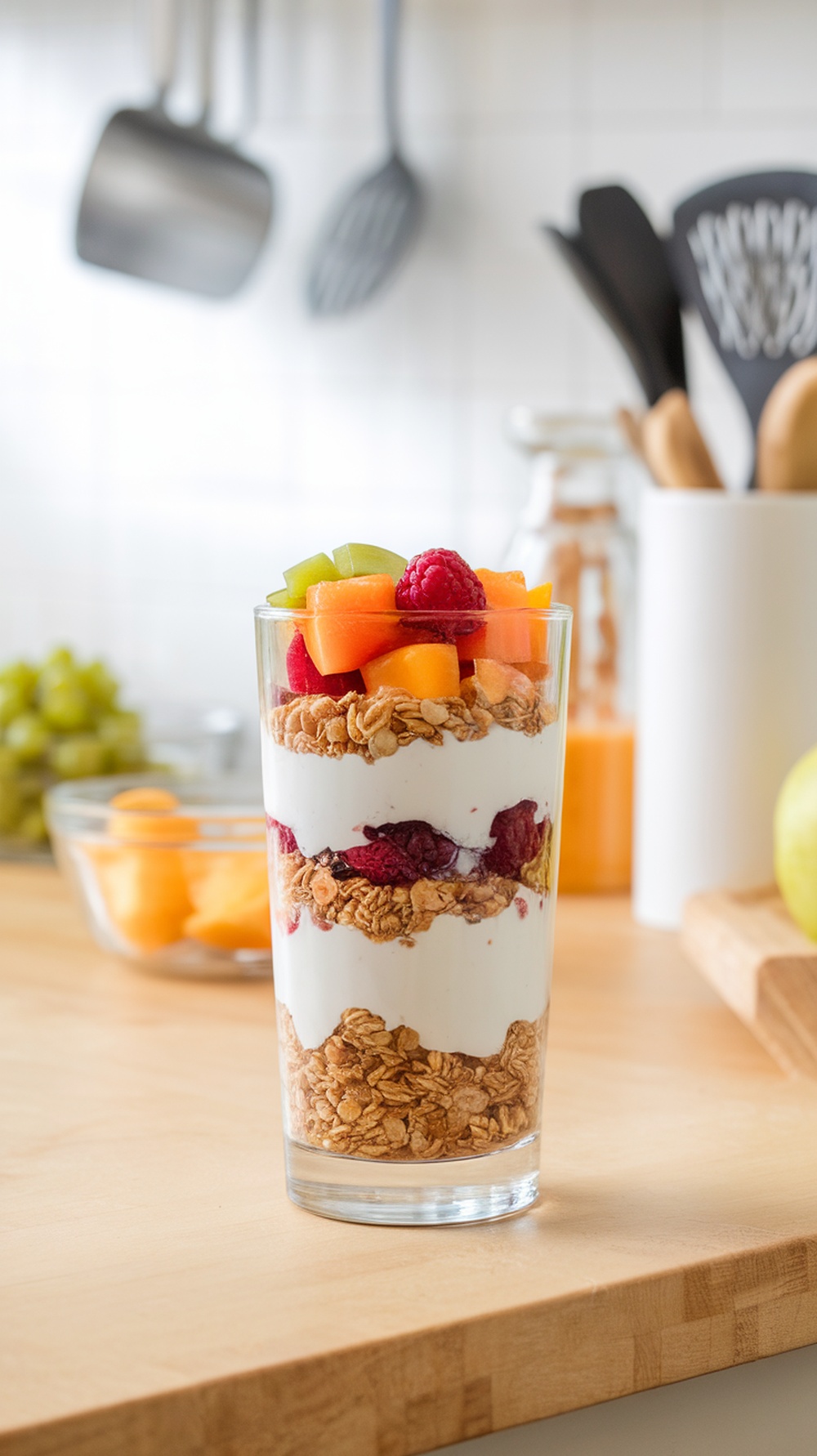 A delicious Greek yogurt parfait layered with granola and fresh fruits in a glass.