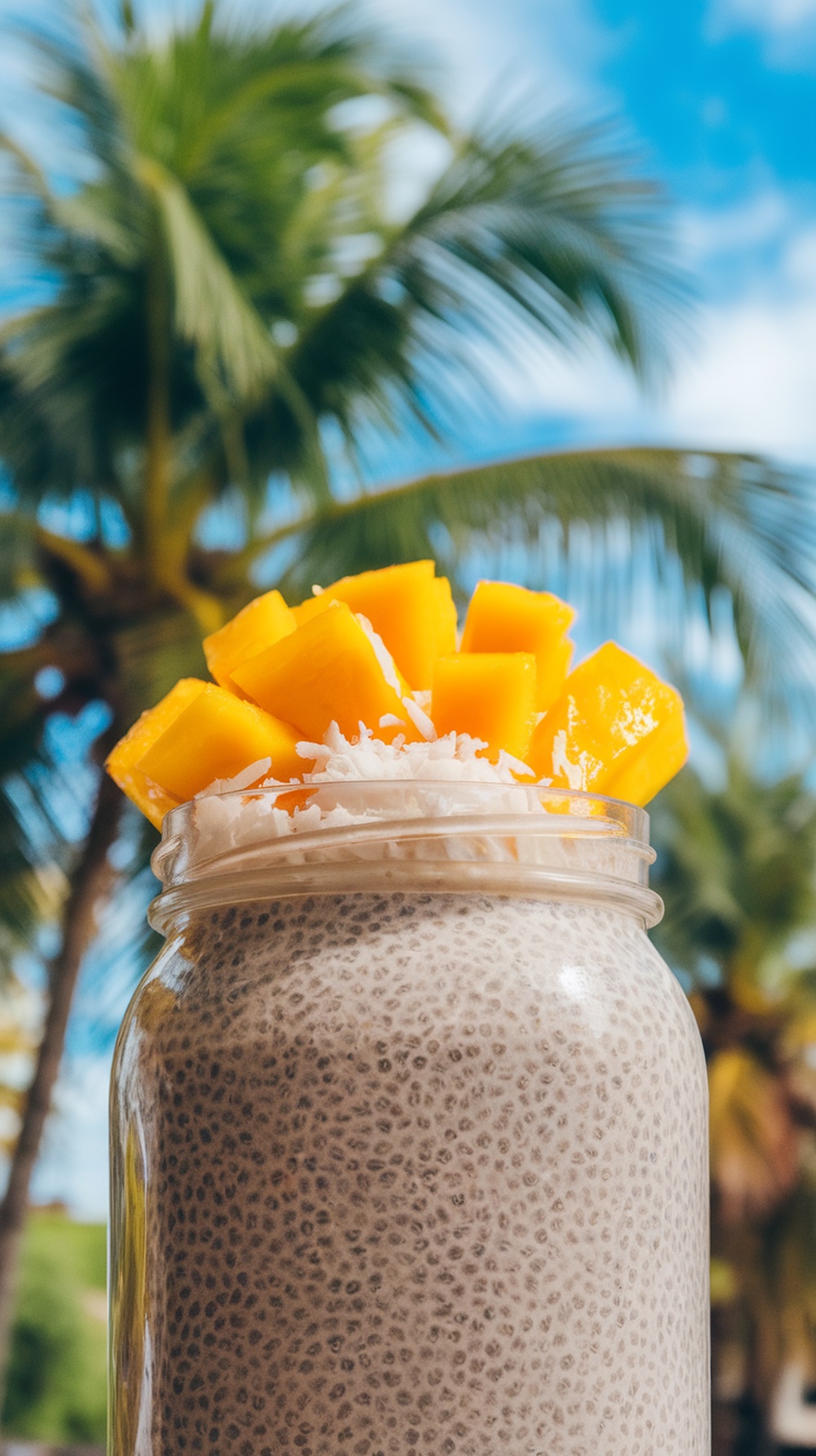 Chia seed pudding topped with mango and coconut, with palm trees in the background