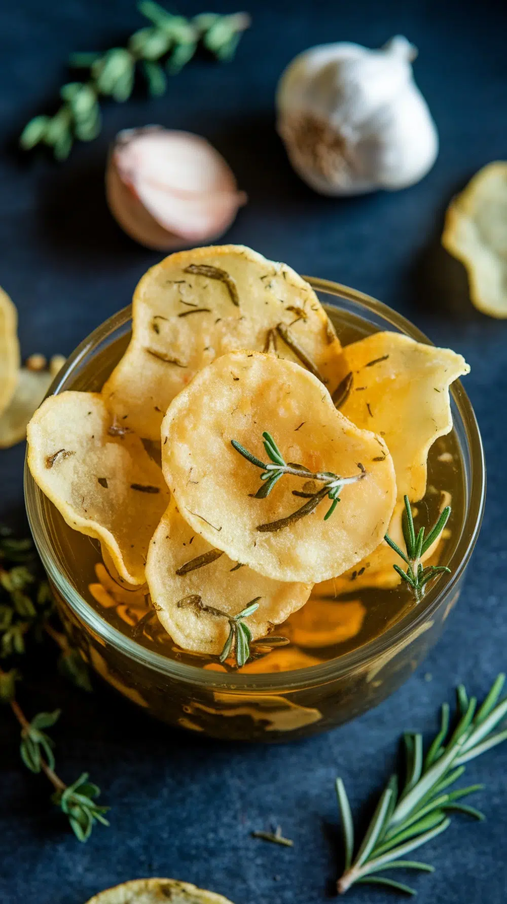 A bowl of garlic and herb pickle chips surrounded by garlic cloves and fresh herbs.