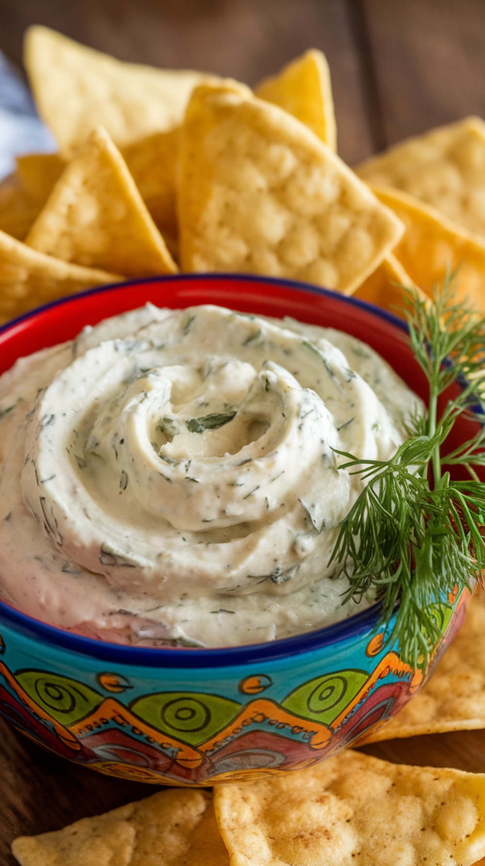 A colorful bowl filled with creamy dill pickle dip, garnished with fresh dill, surrounded by tortilla chips.