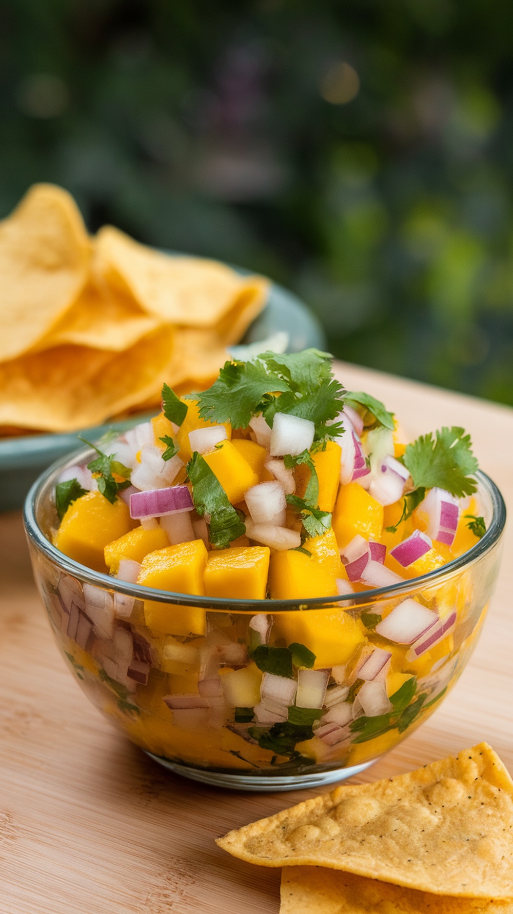Bowl of Mexican mango salsa with diced mango, red onion, and cilantro, served with tortilla chips.