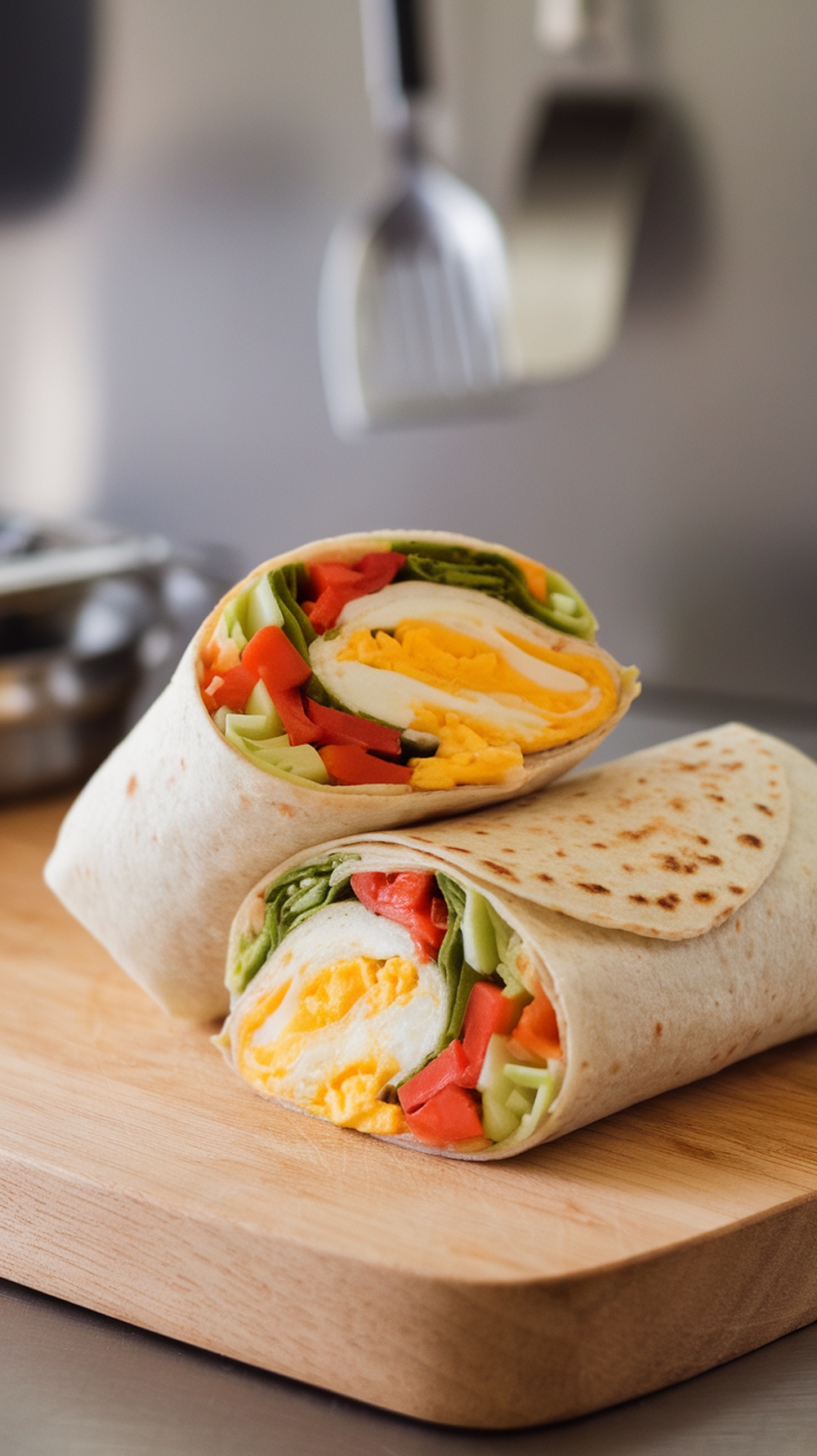 A delicious egg and veggie breakfast wrap on a wooden cutting board.