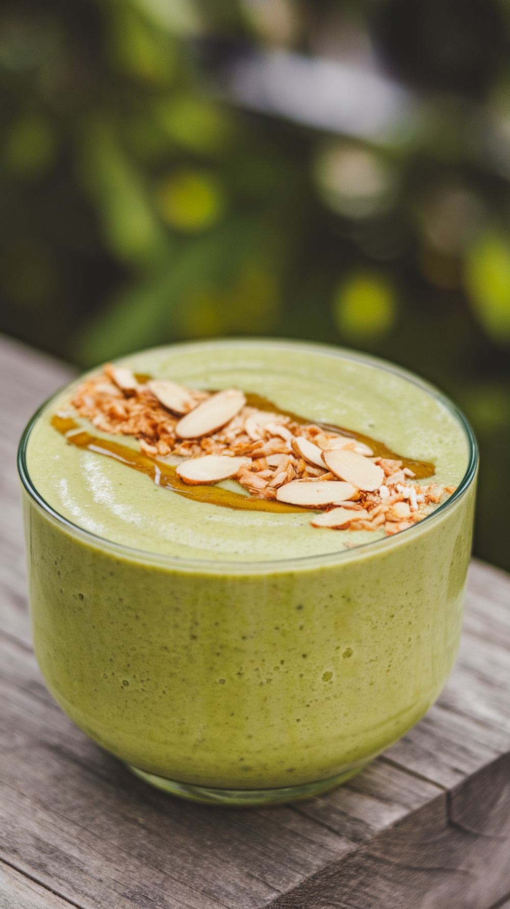 A creamy avocado and almond smoothie topped with sliced almonds and honey, served in a glass.