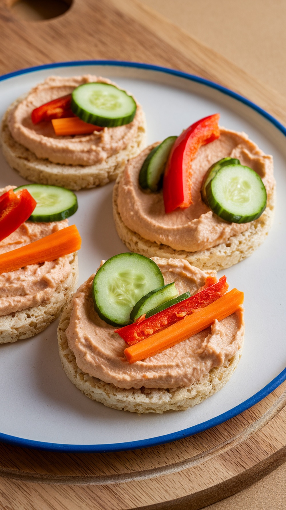Rice cakes topped with hummus and colorful vegetables, including cucumber, bell pepper, and carrot.