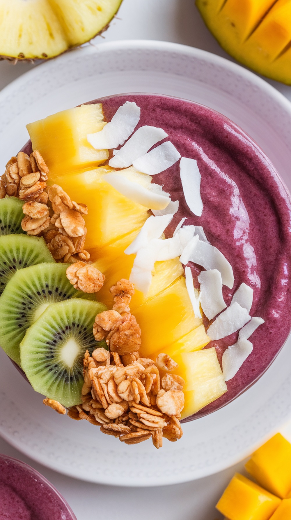 A colorful smoothie bowl topped with tropical fruits and granola.