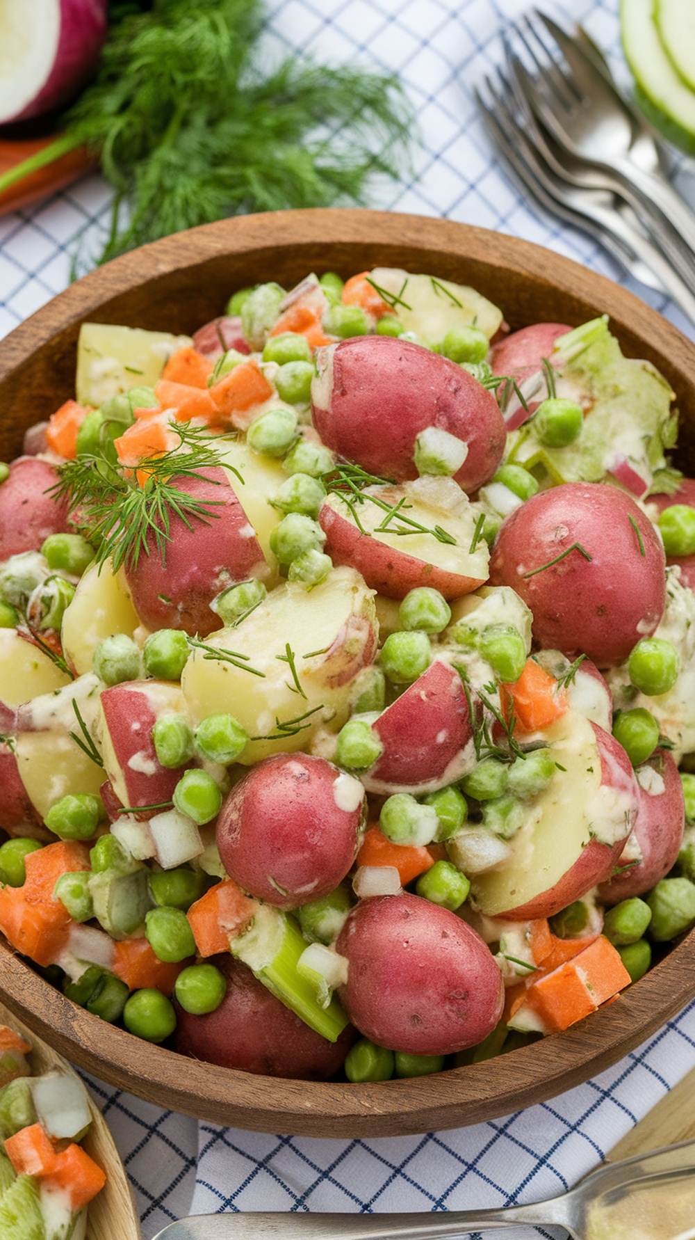 A bowl of vegan dill pickle potato salad with red potatoes, green peas, carrots, and fresh dill.