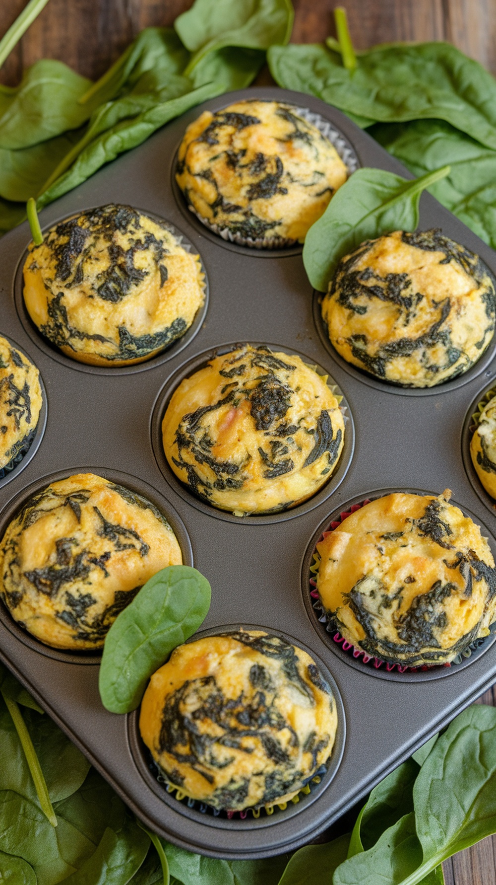 Spinach and feta egg muffins in a muffin tin with fresh spinach leaves around.