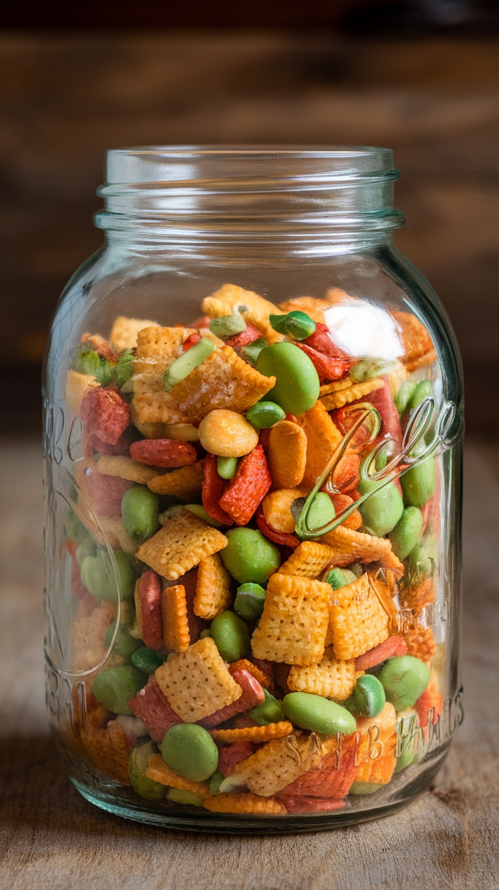 A jar filled with colorful Chex mix, including Chex cereal, nuts, and green peas.