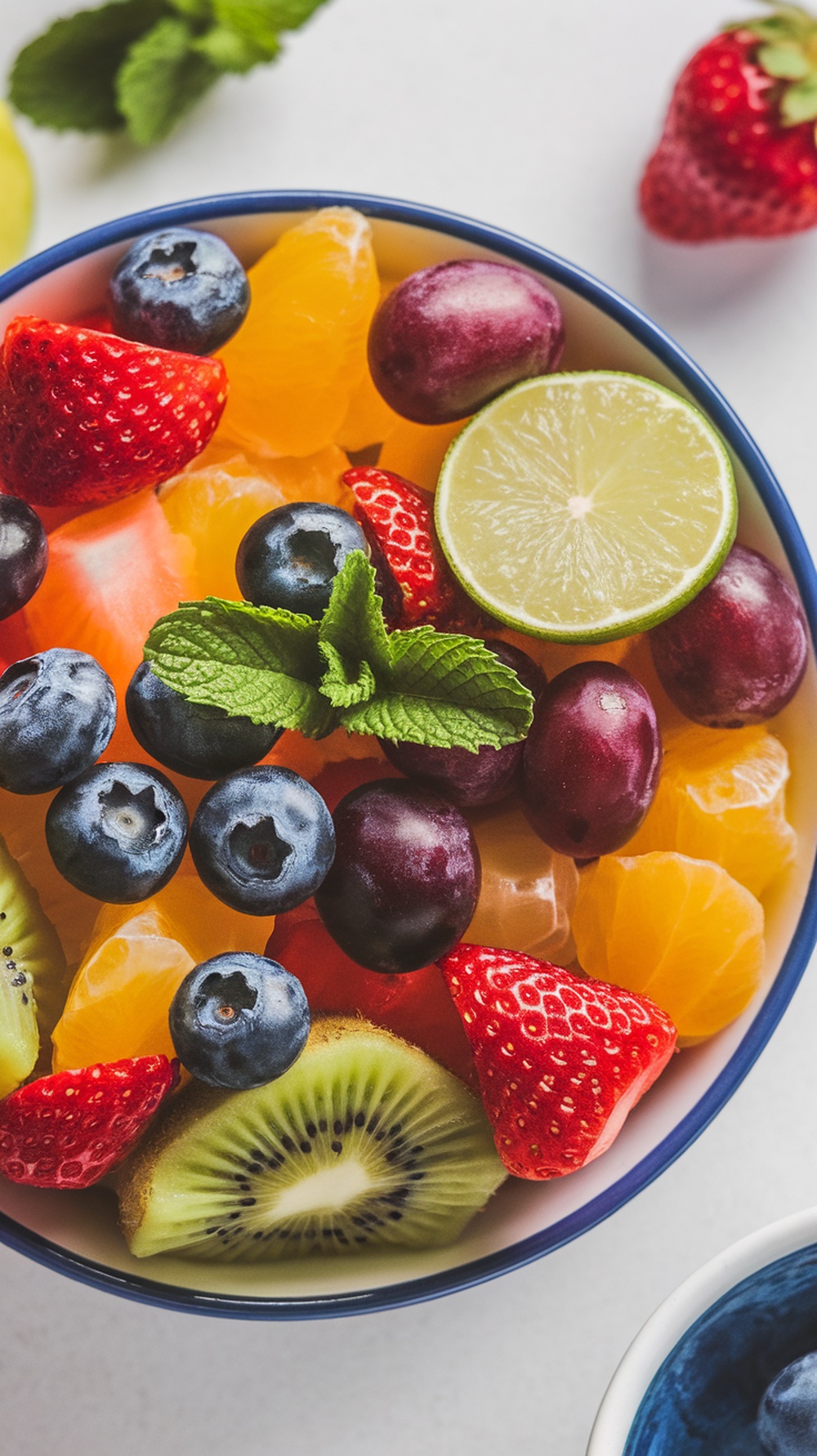 A colorful bowl of fruit salad with strawberries, blueberries, grapes, kiwi, and lime, garnished with mint leaves.