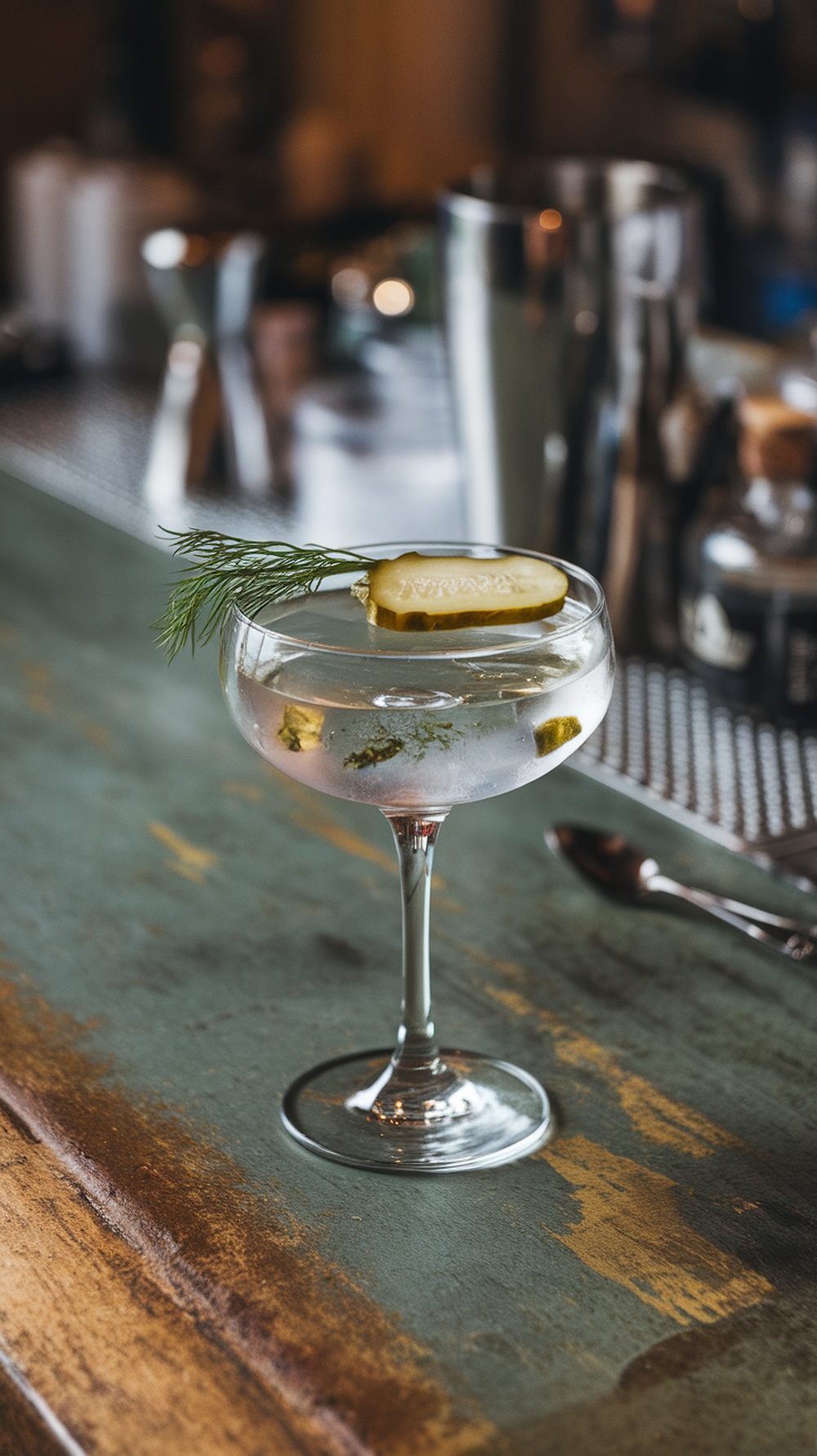 A classic dill pickle martini in a glass, garnished with a pickle slice and dill sprig.