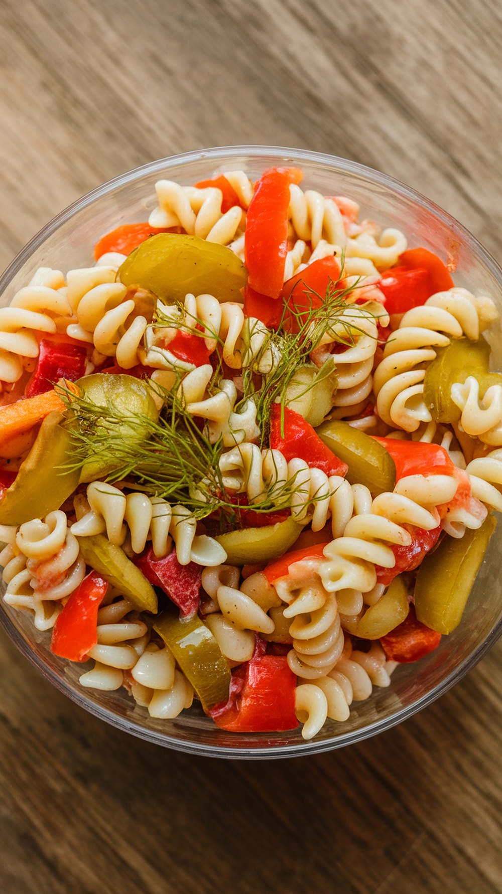 A bowl of Sweet and Sour Dill Pickle Pasta Salad with colorful ingredients