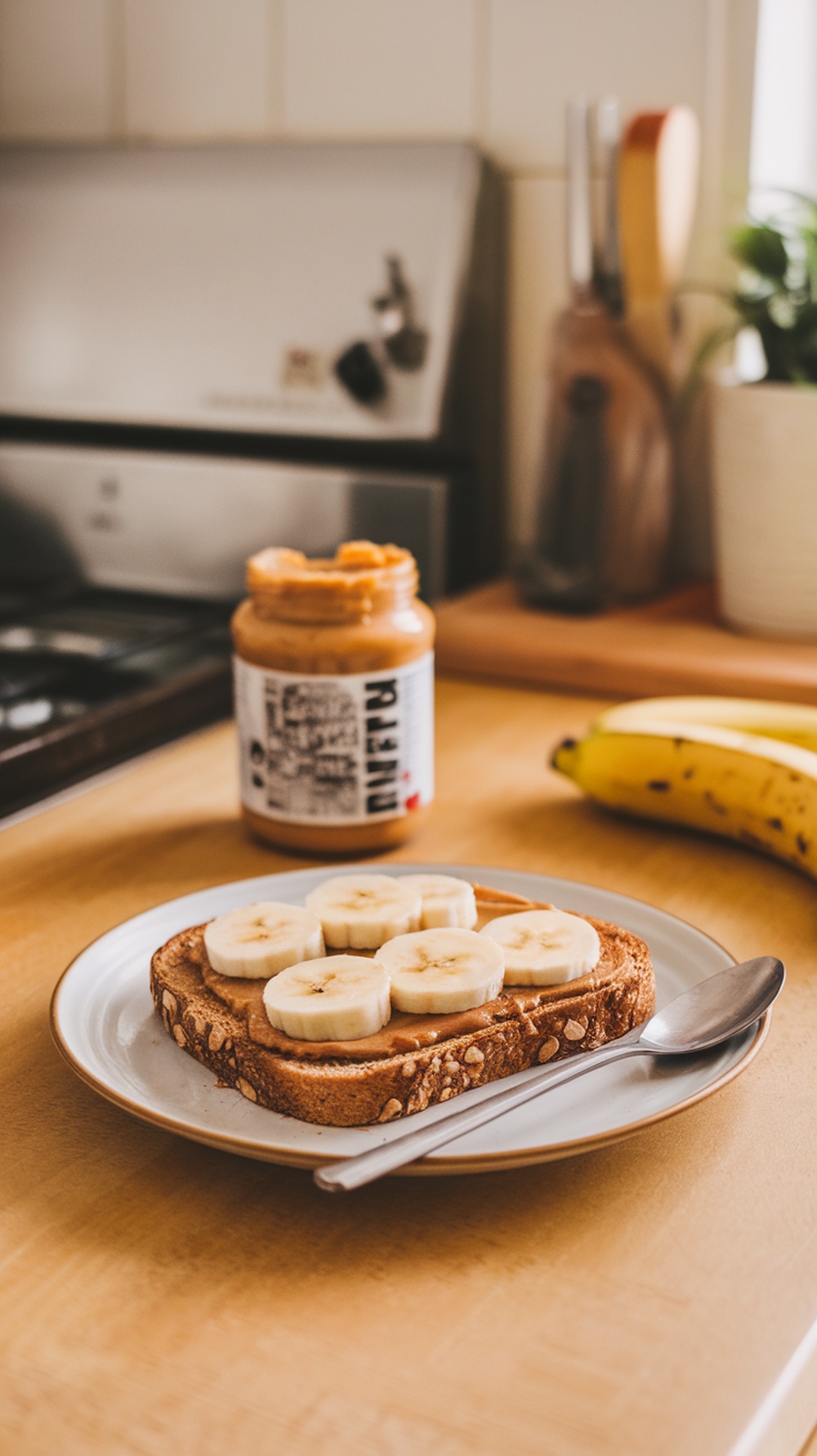 A plate of peanut butter banana toast with sliced bananas on top, a jar of peanut butter in the background, and a banana beside the plate.