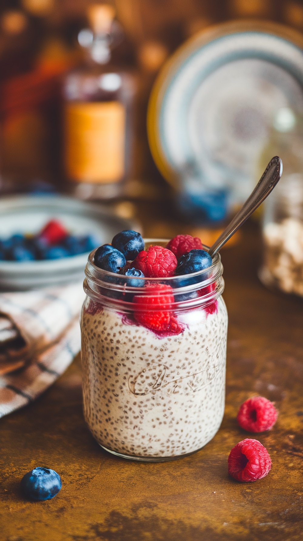 A jar of overnight oats with chia seeds topped with blueberries and raspberries.