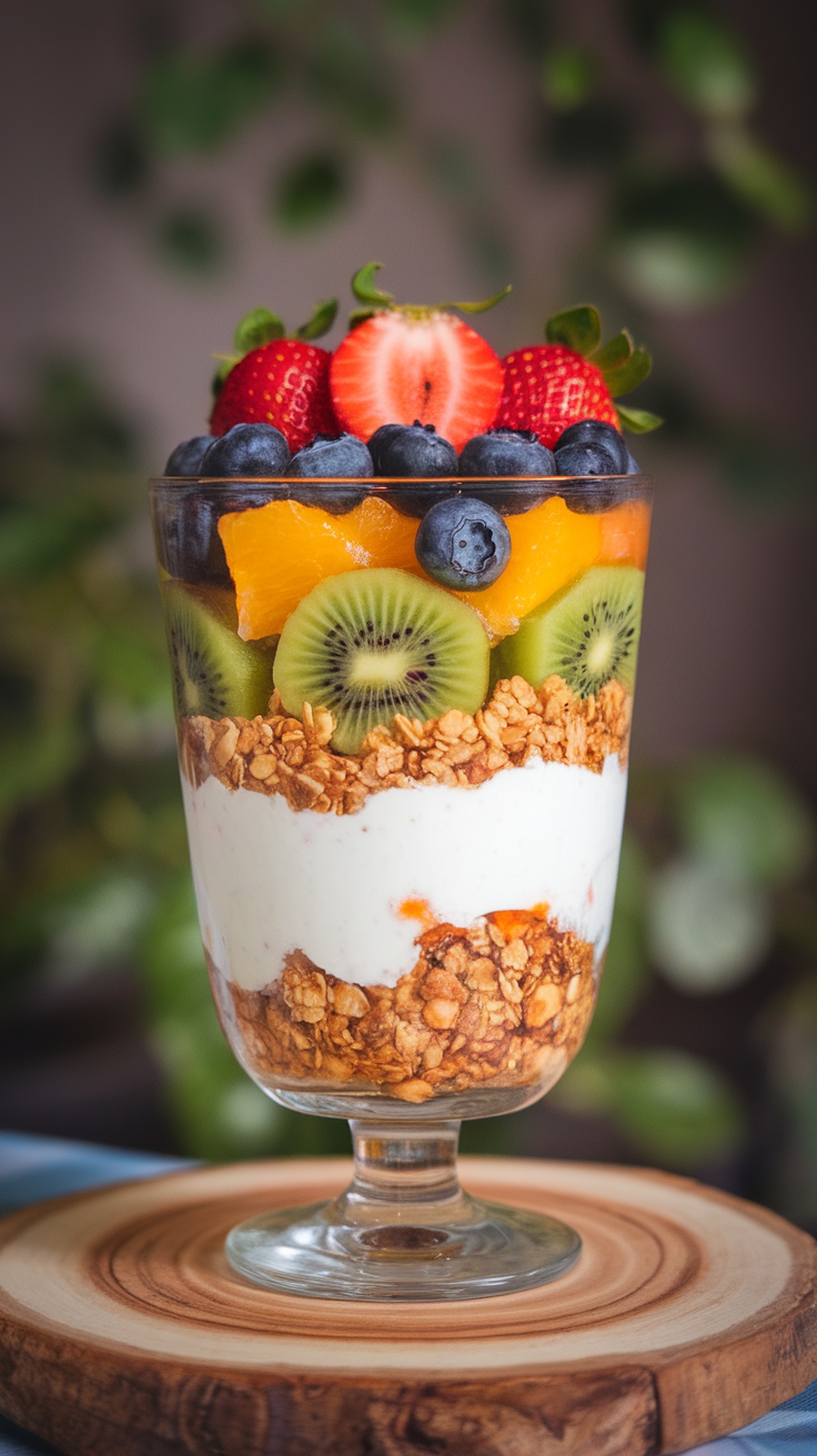 A colorful coconut yogurt parfait layered with granola and fresh fruits.
