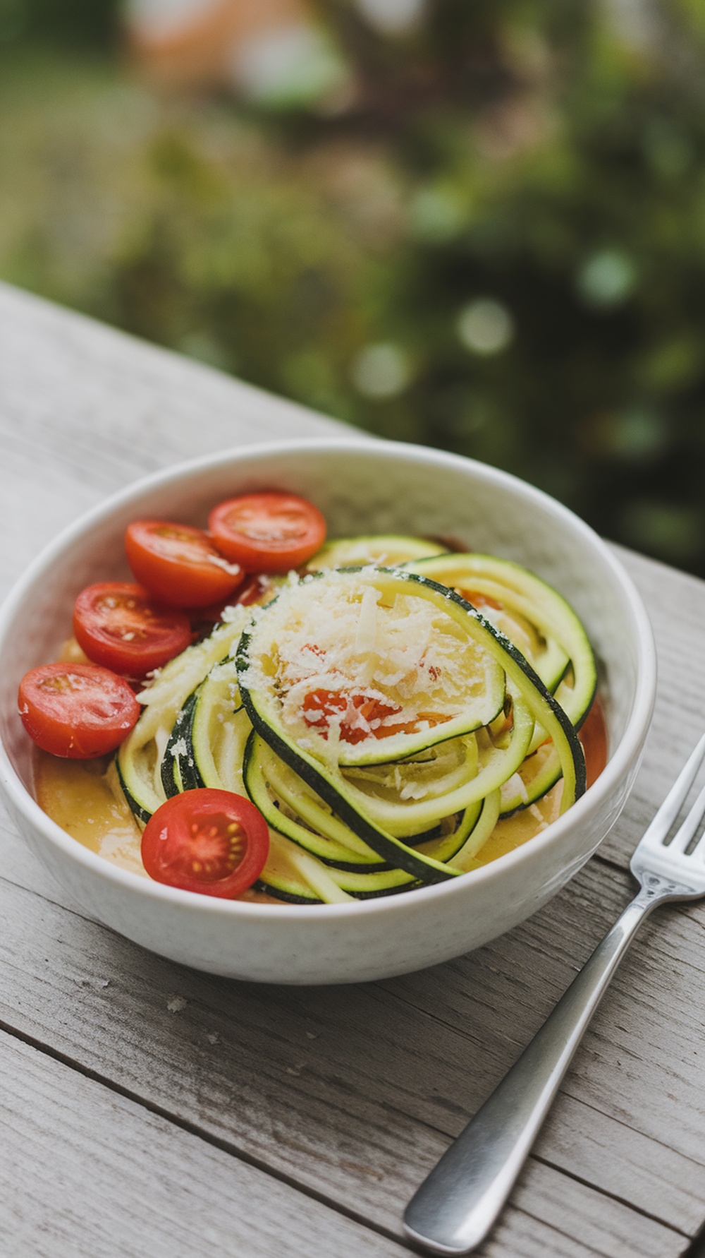 A bowl of zucchini noodles topped with cherry tomatoes and cheese, served on a wooden table.