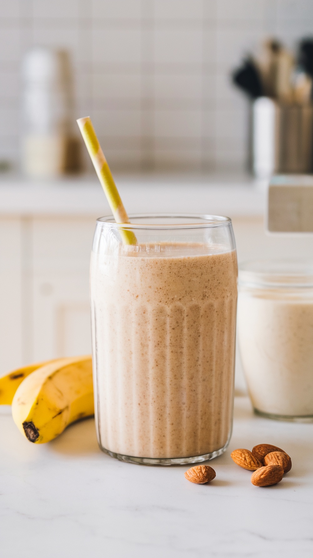 A glass of banana almond butter smoothie with a straw, surrounded by bananas and almonds.
