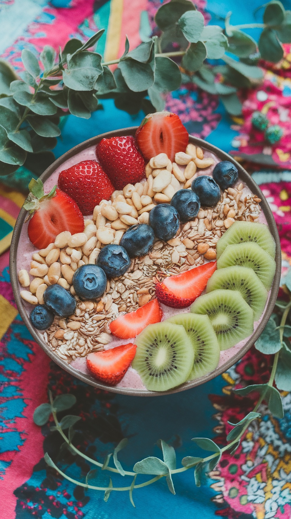 A colorful smoothie bowl topped with strawberries, blueberries, kiwi, nuts, and seeds.