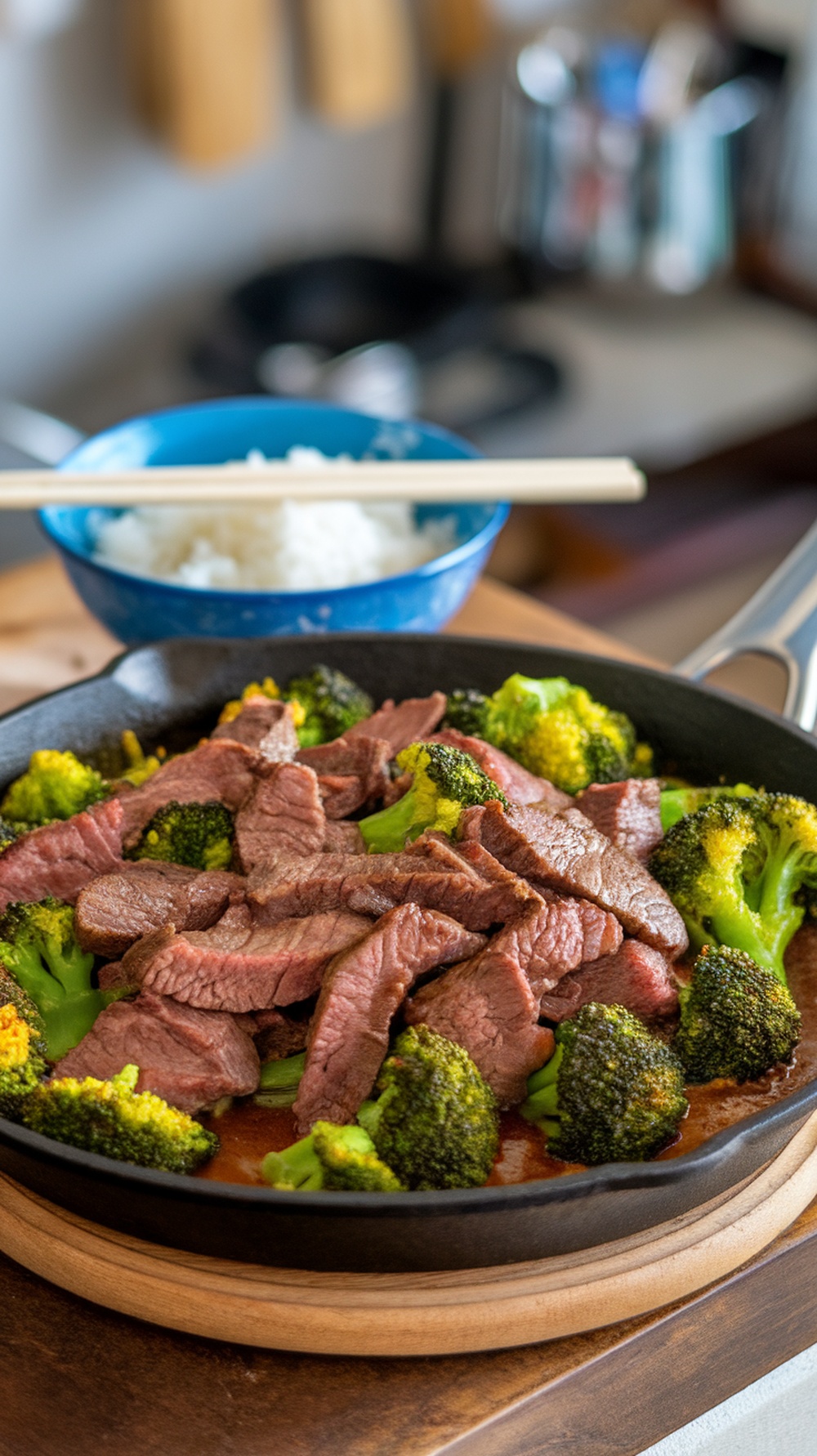 A delicious beef and broccoli skillet with beef slices and broccoli in sauce, served with rice on a wooden table.