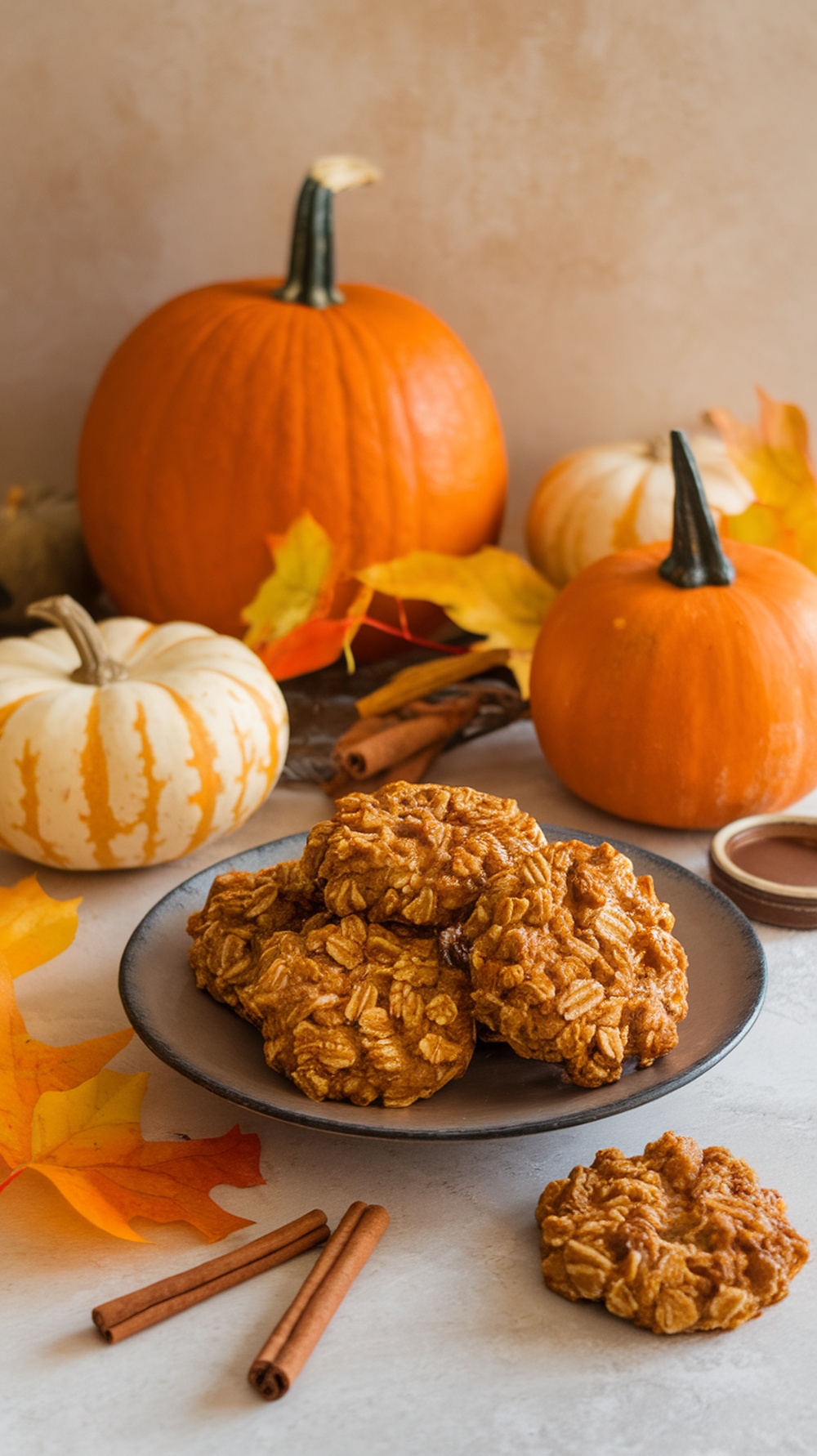 A plate of Pumpkin Spice Oat Cookies surrounded by pumpkins and autumn leaves.