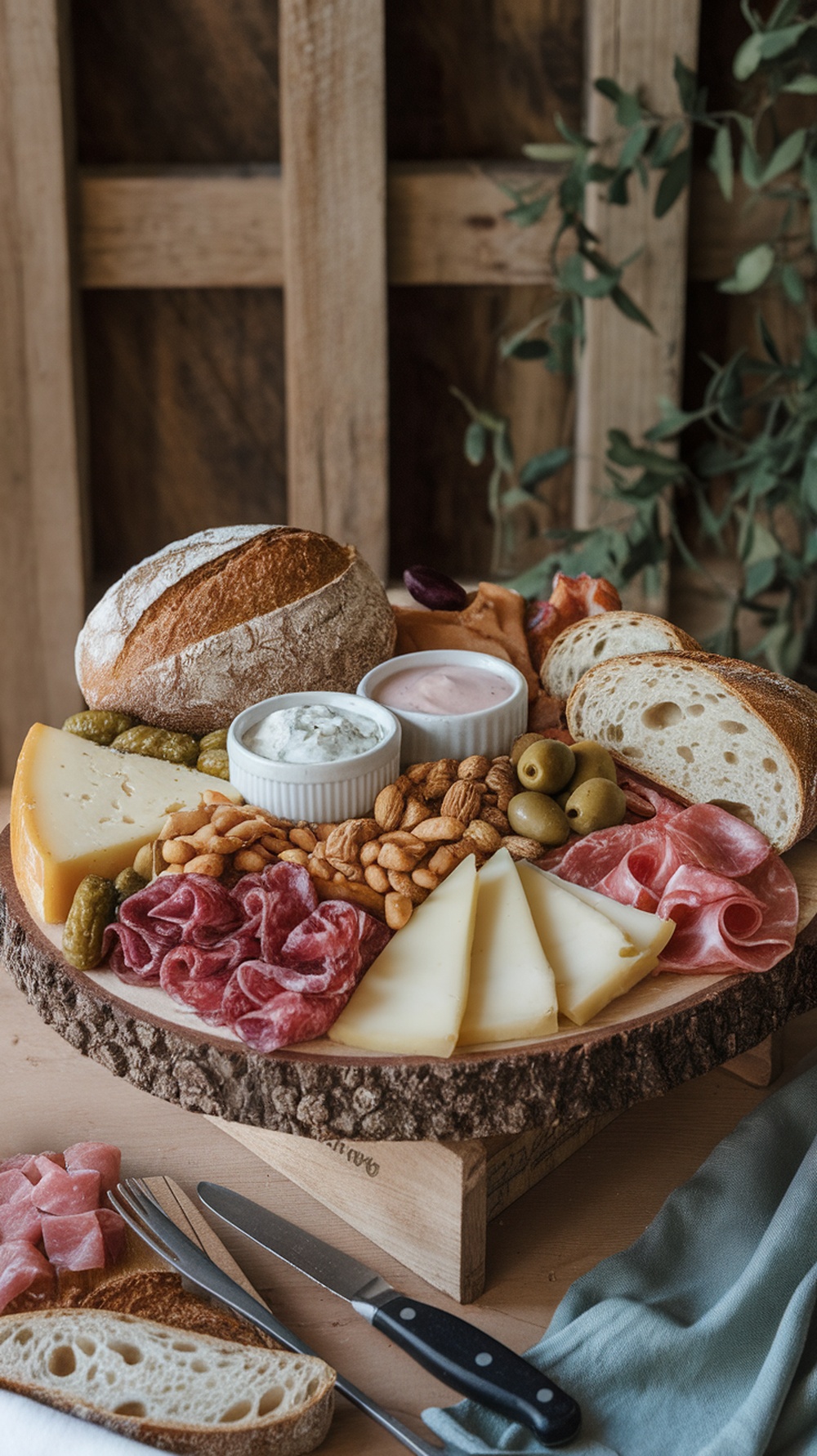 A charcuterie board featuring cheeses, cured meats, nuts, and herbed pickles.