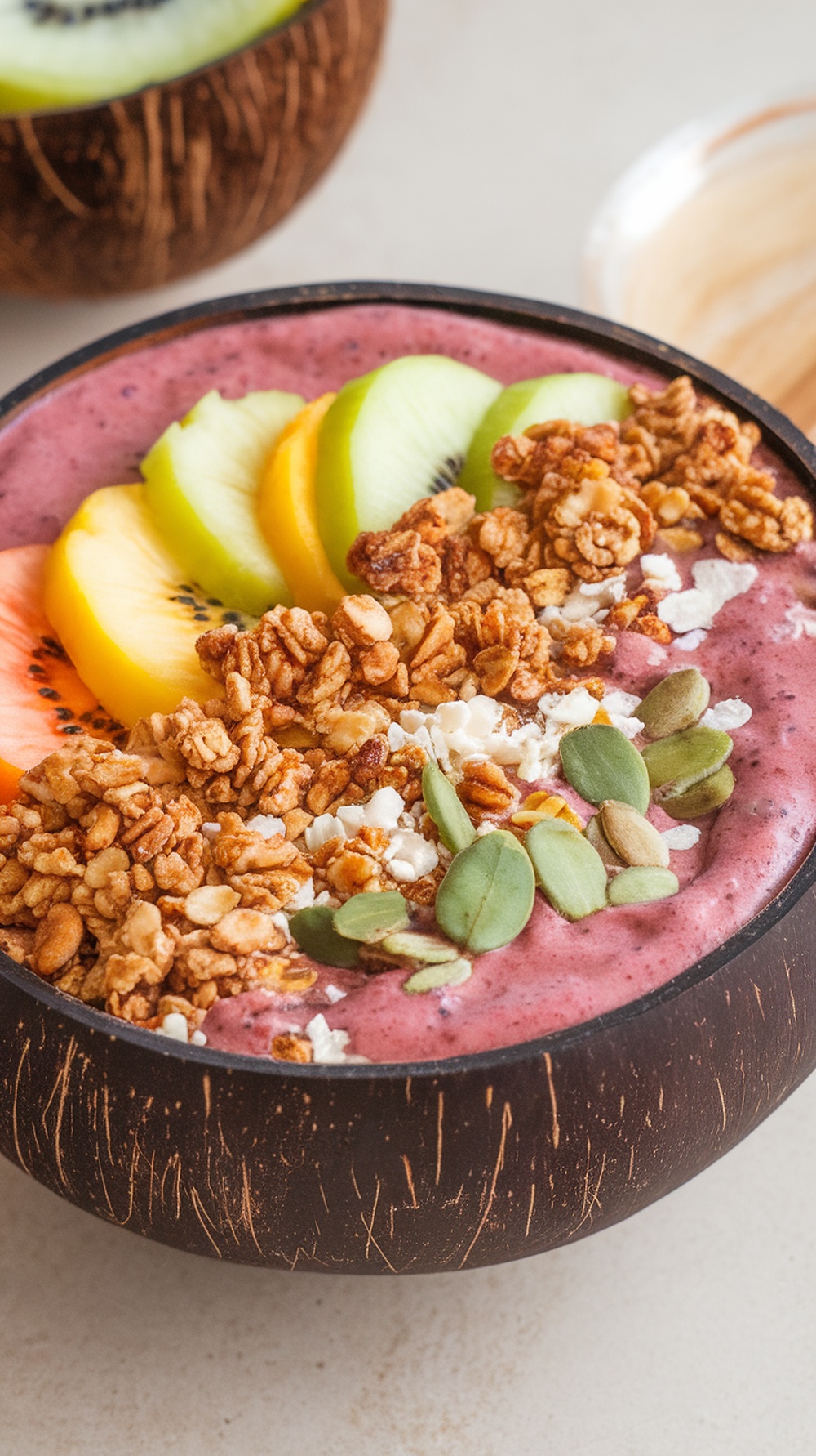 A colorful smoothie bowl topped with granola and fresh fruit slices.