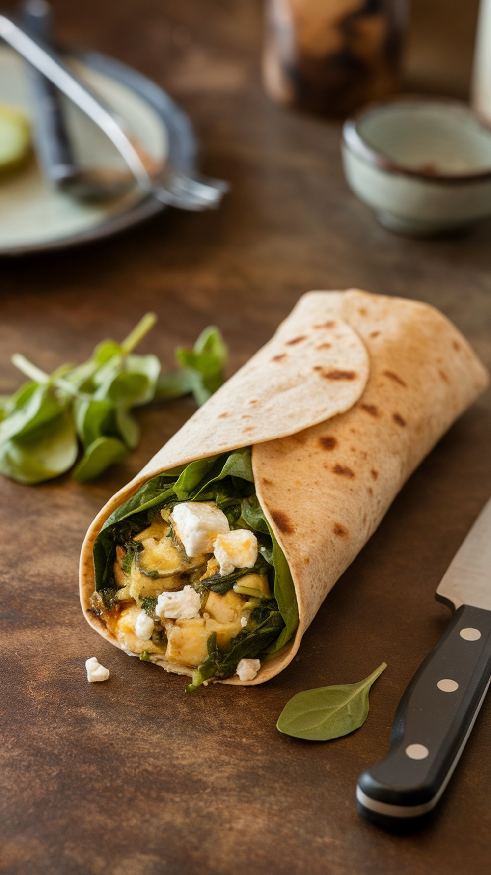 A spinach and feta breakfast burrito wrapped in a tortilla, with fresh spinach leaves on the side.