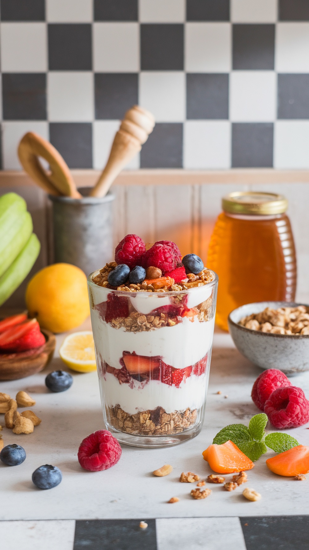 A Greek yogurt parfait layered with granola and fresh berries.