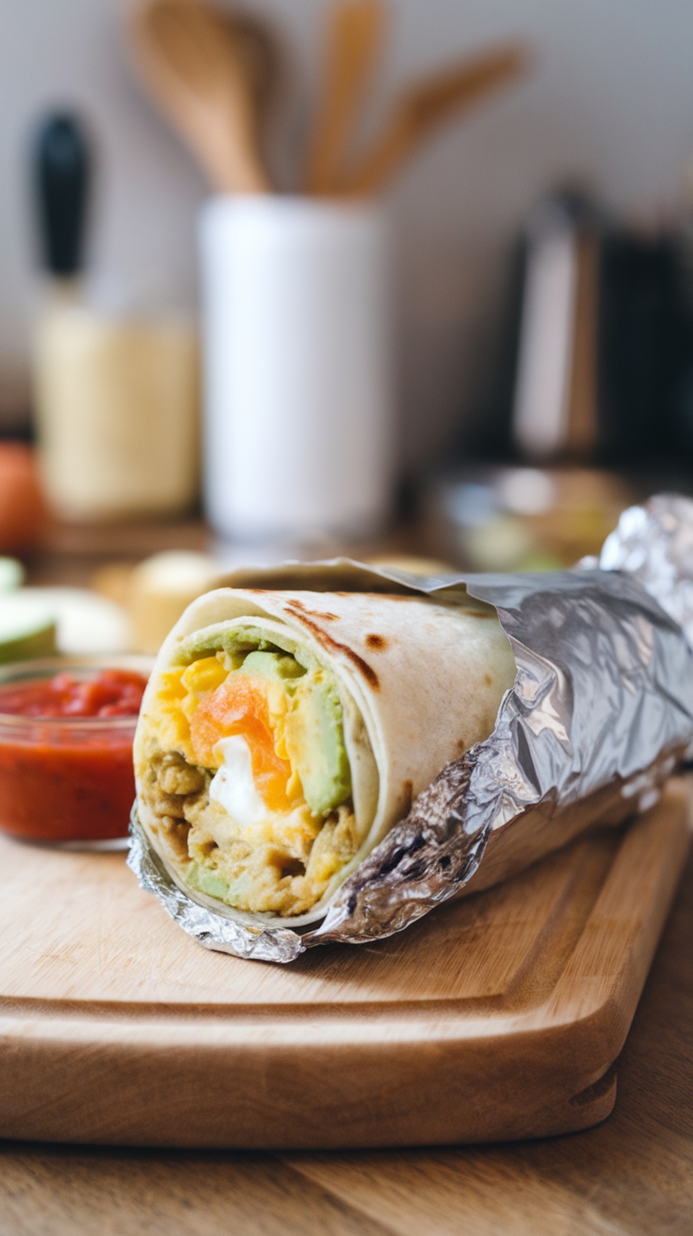 A delicious egg and avocado breakfast burrito wrapped in foil, with a side of salsa.