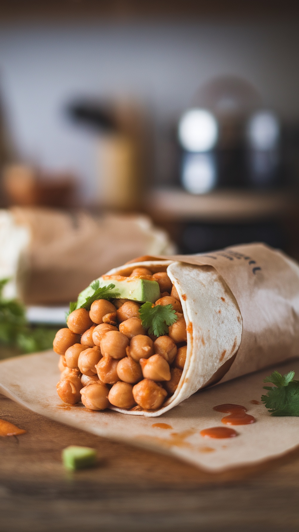 Chickpea and Avocado Breakfast Wrap with cilantro and sauce