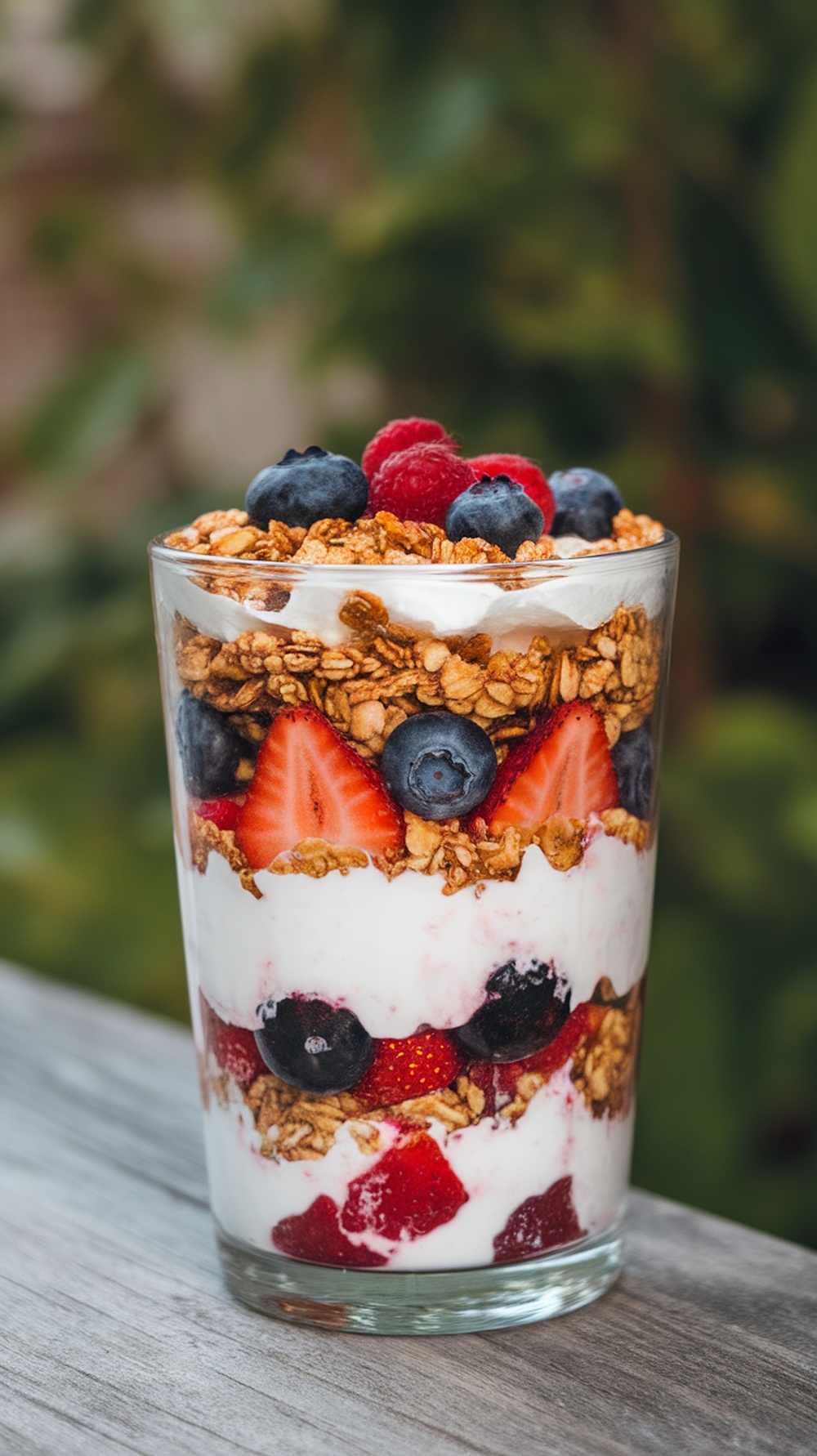 A delicious Greek yogurt parfait layered with granola and fresh berries.